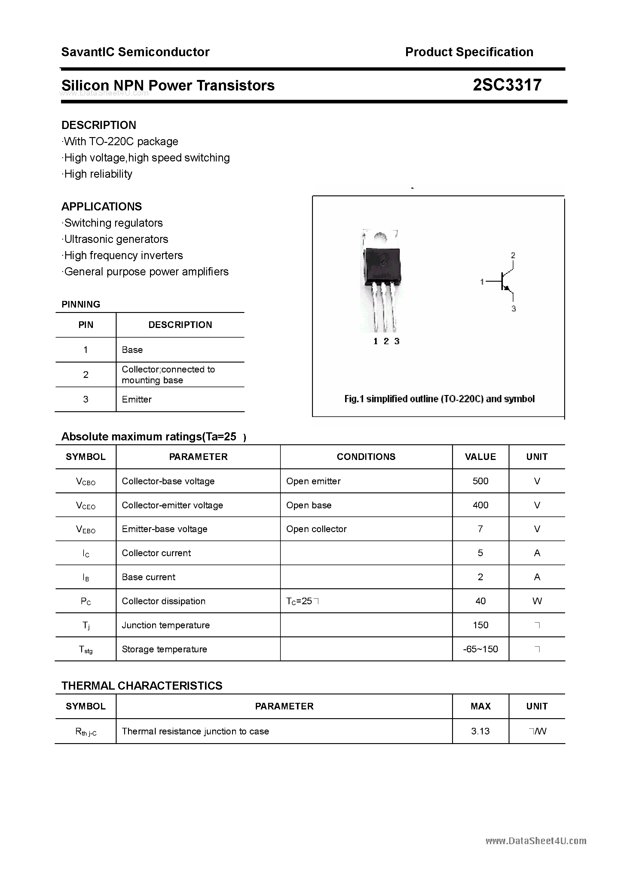 Datasheet 2SC3317 - SILICON POWER TRANSISTOR page 1