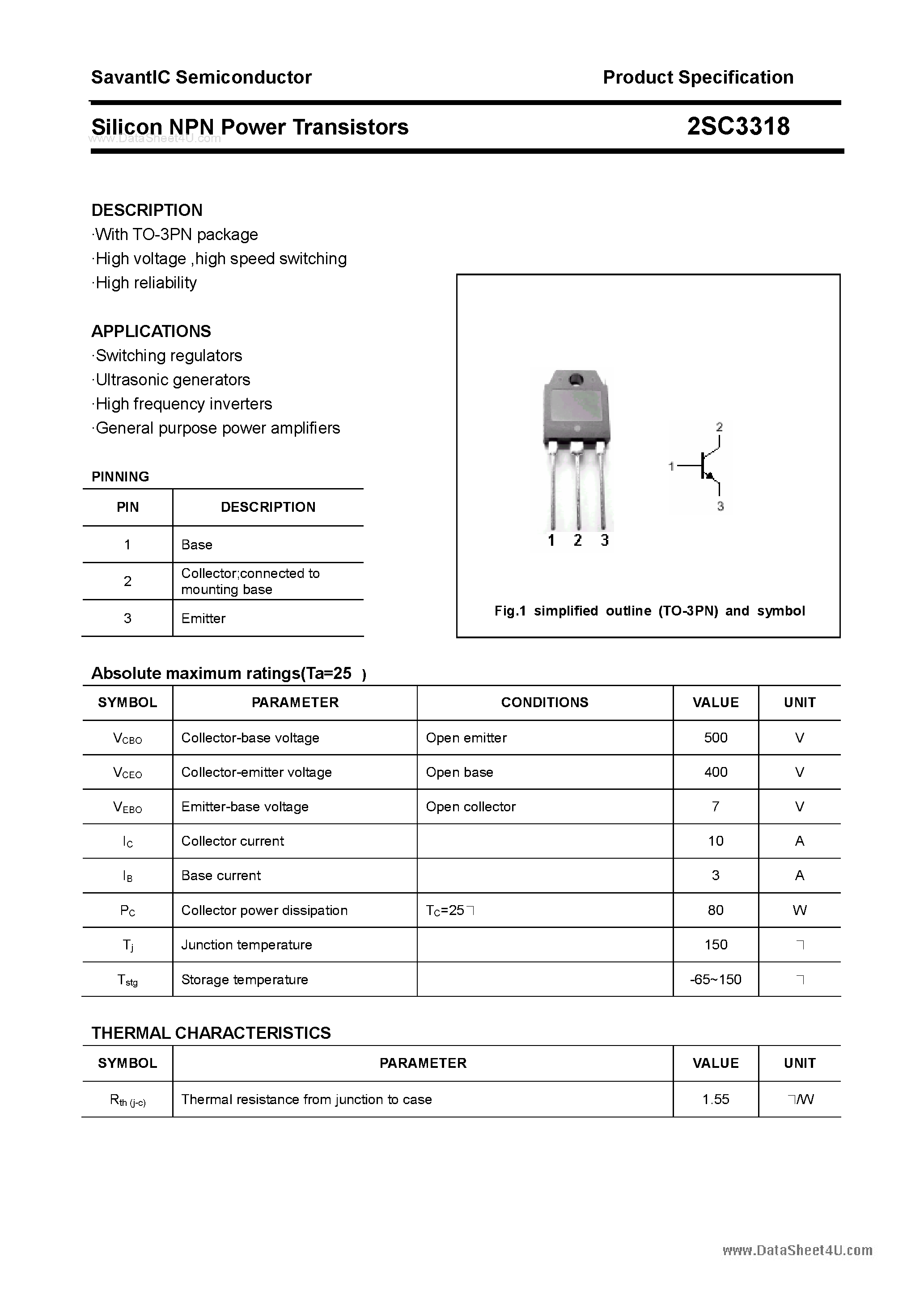 Datasheet 2SC3318 - SILICON POWER TRANSISTOR page 1