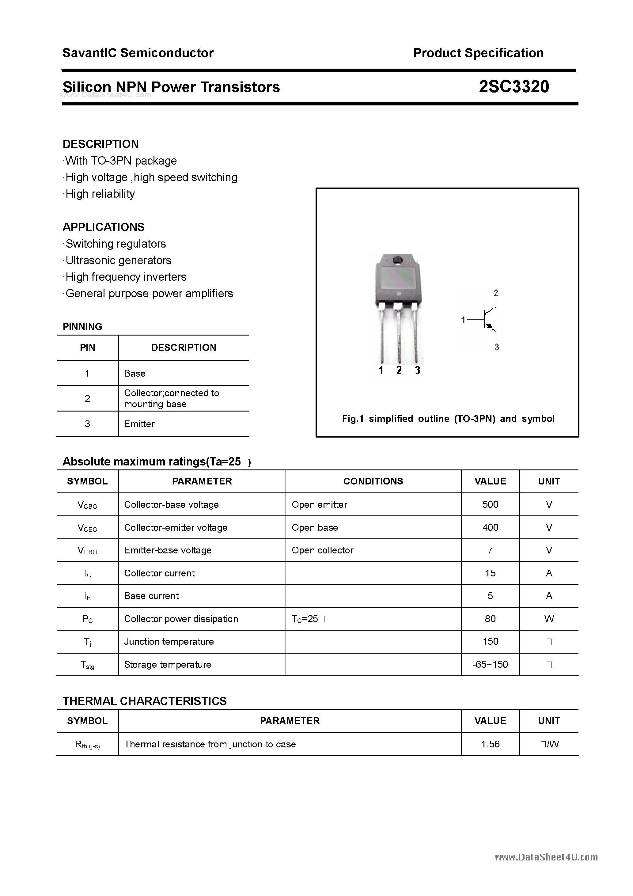 Datasheet 2SC3320 - SILICON POWER TRANSISTOR page 1
