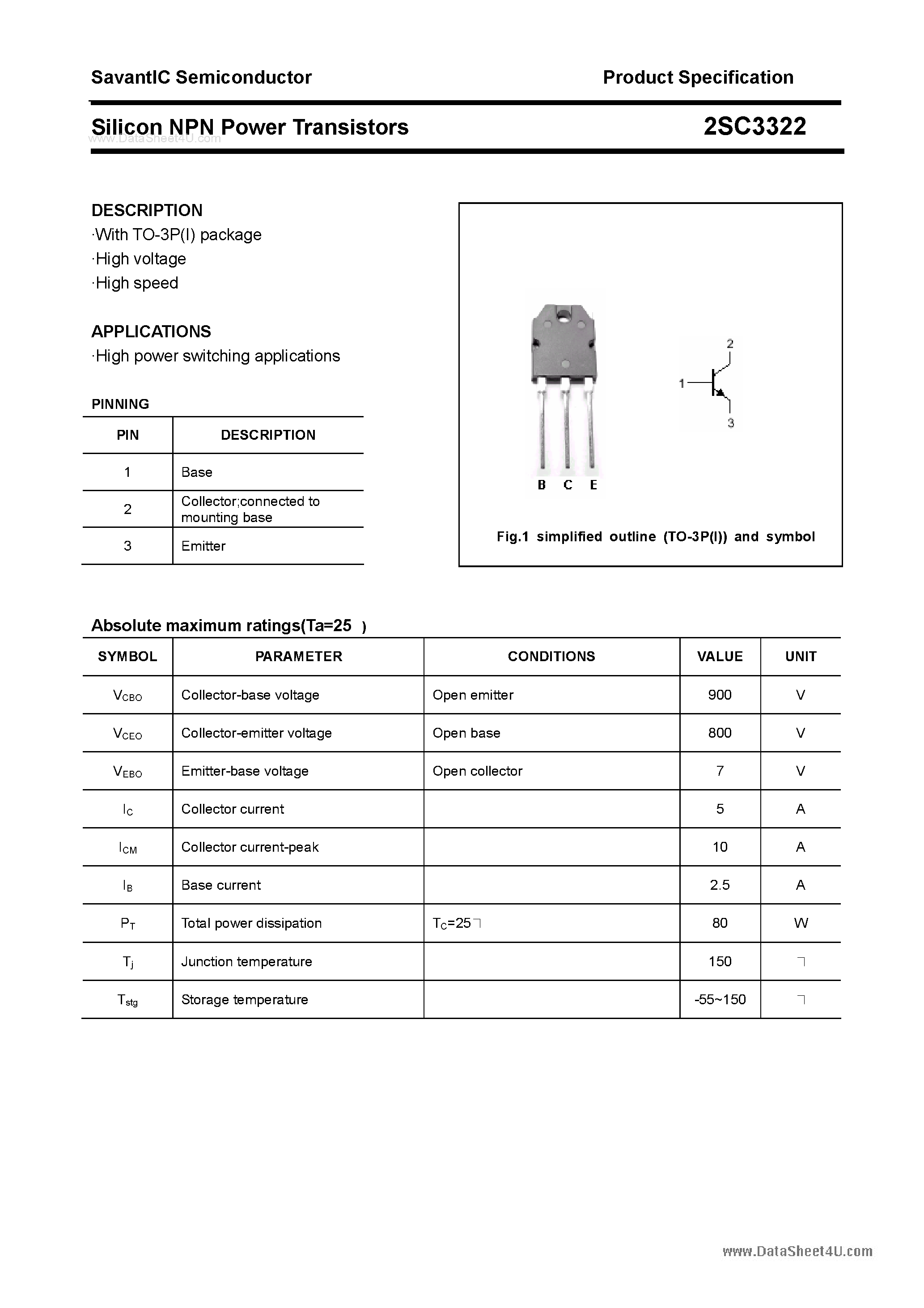 Datasheet 2SC3322 - SILICON POWER TRANSISTOR page 1