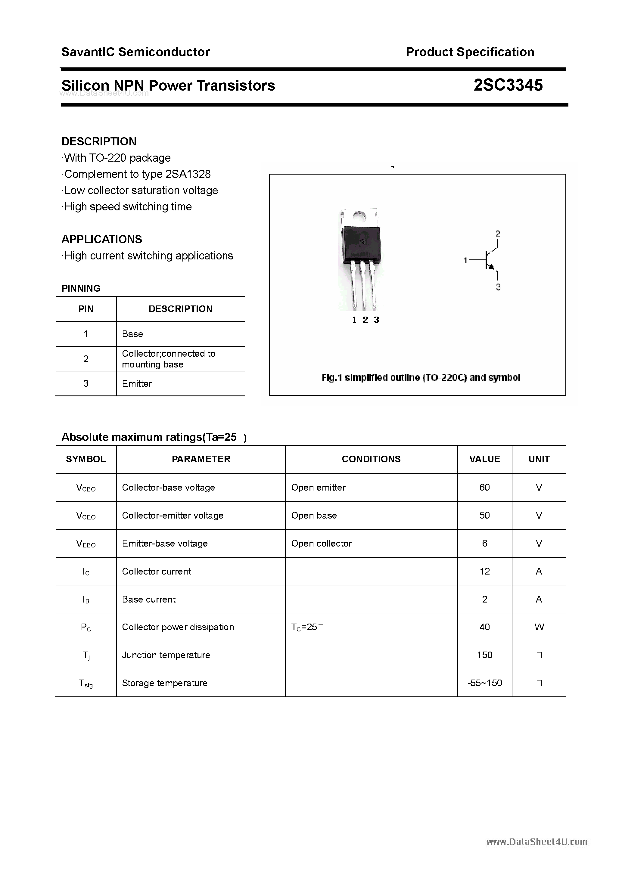 Datasheet 2SC3345 - SILICON POWER TRANSISTOR page 1
