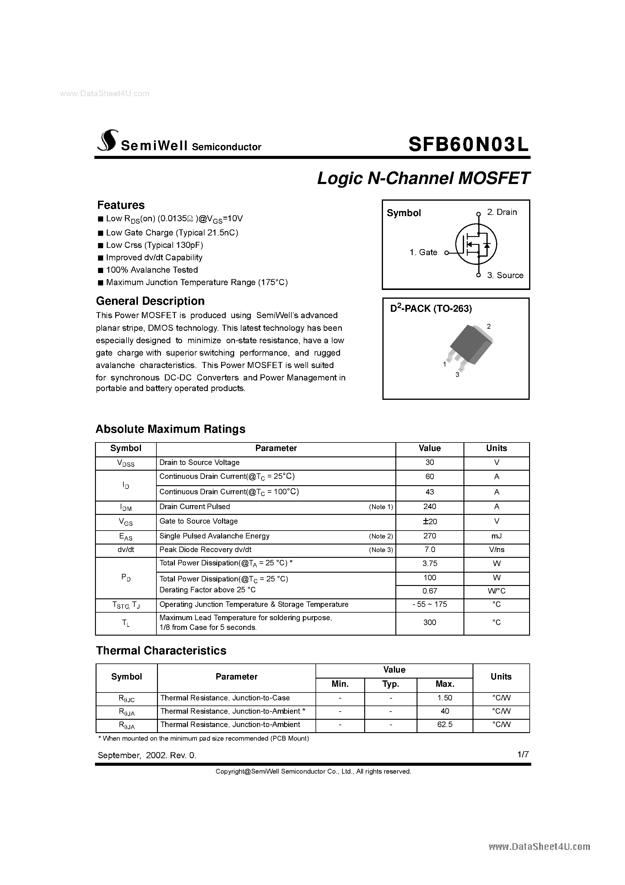 Datasheet SFB60N03L - Logic N-Channel MOSFET page 1