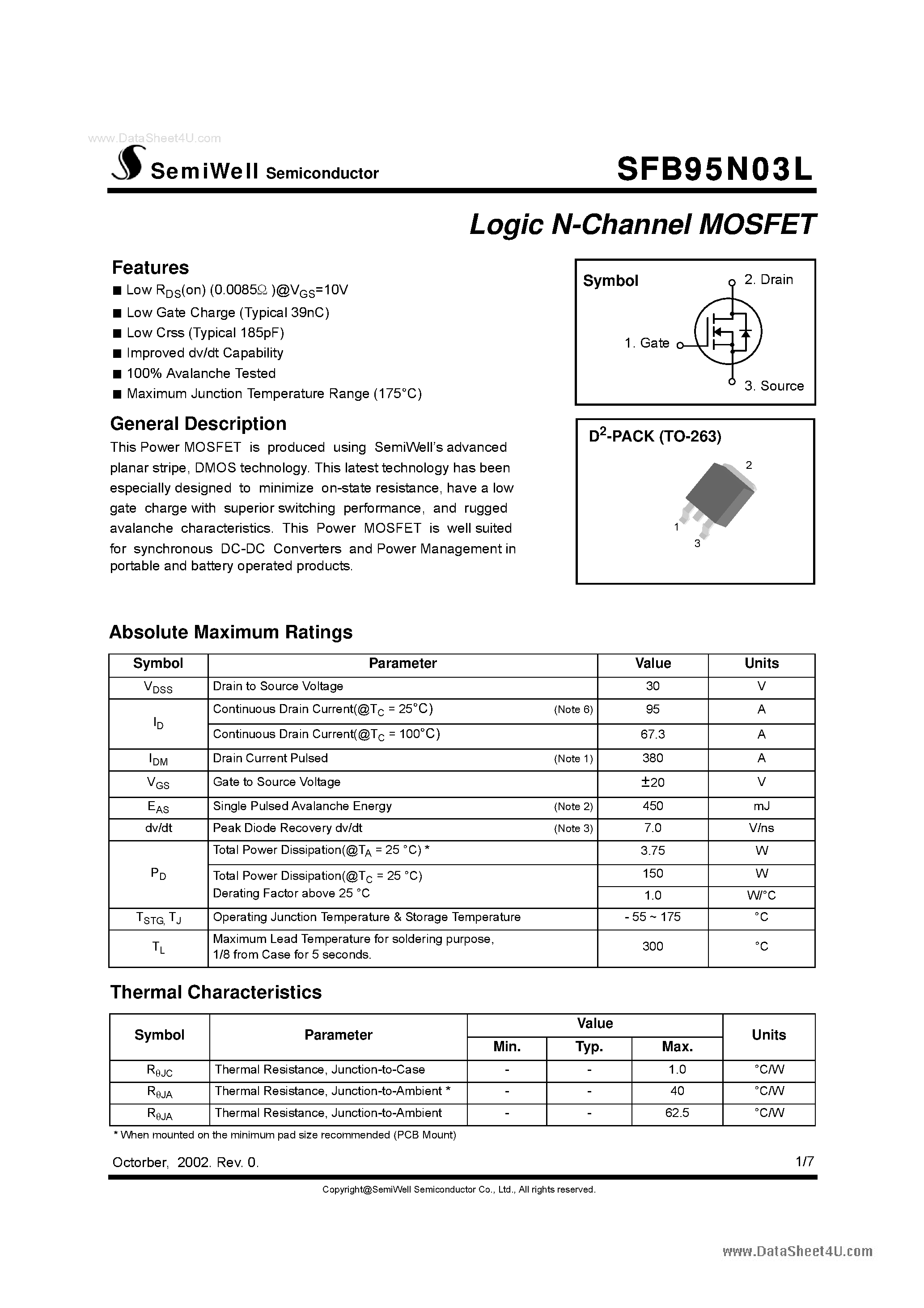 Datasheet SFB95N03L page 1 Datasheet SFB95N03L - Logic N-Channel MOSFET page 1