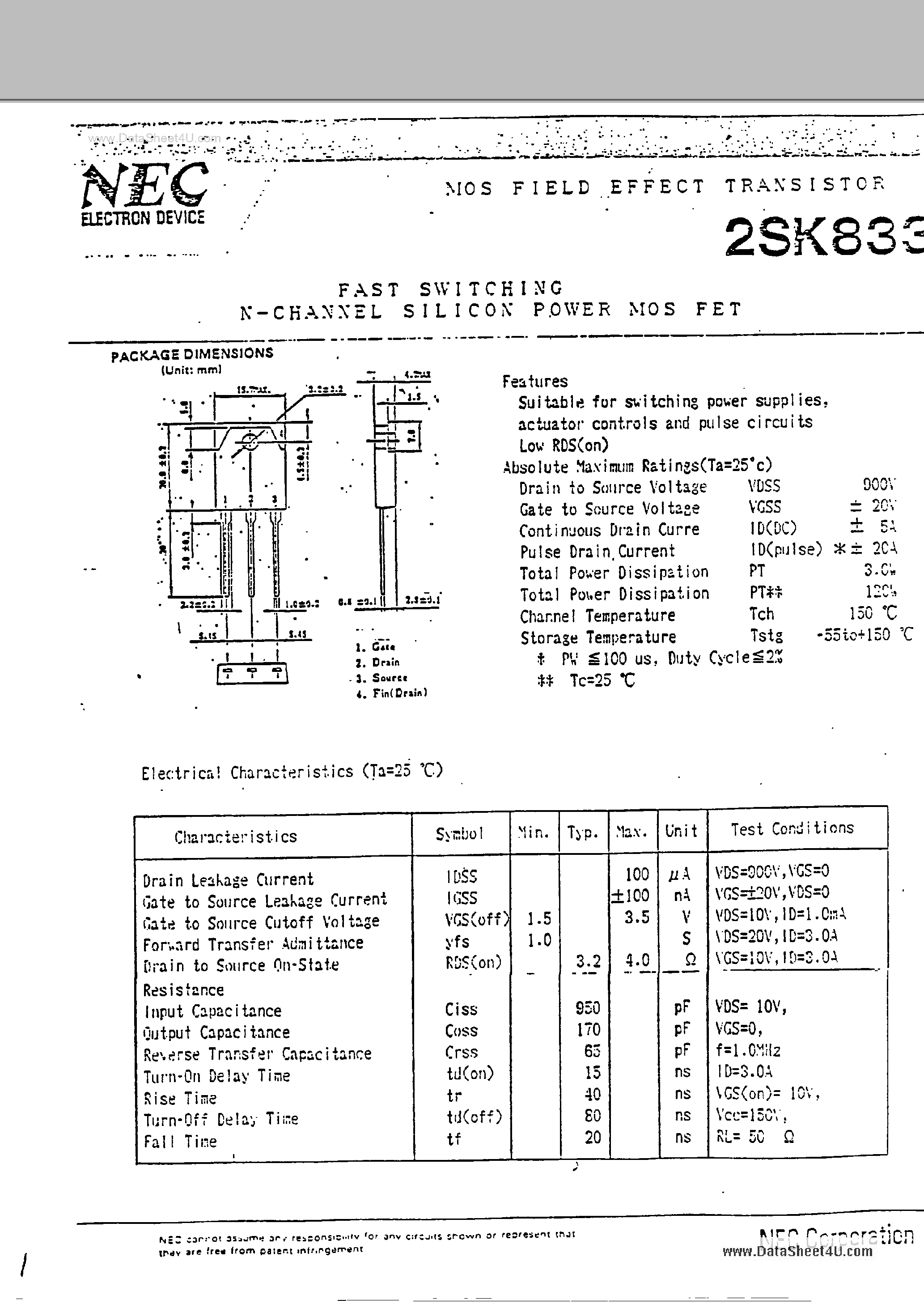 Datasheet 2SK833 page 1 Datasheet 2SK833 - FAST SWITCHING N-CHANNEL SILICON POWER MOS FET page 1