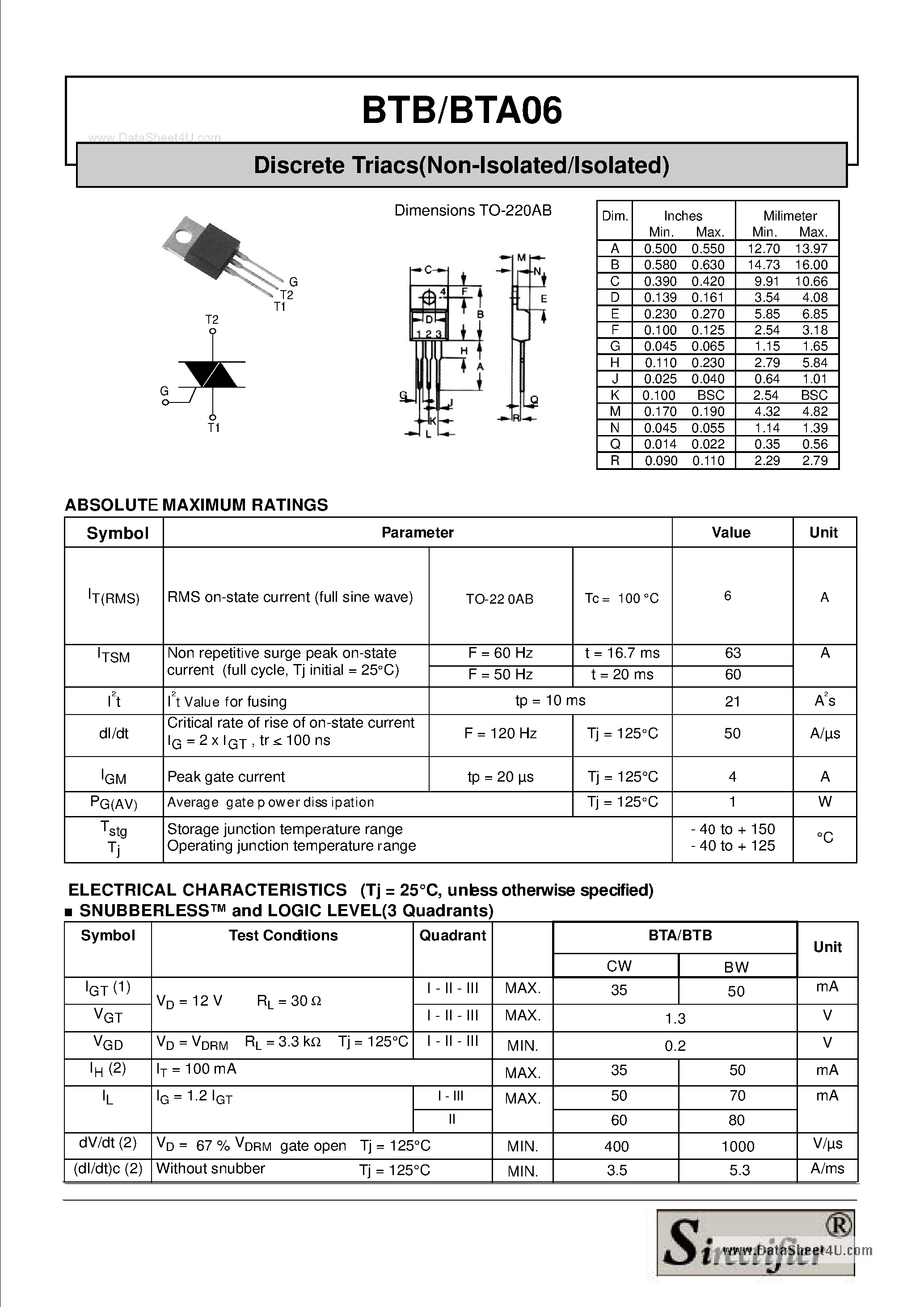 Даташит BTA06 - Discrete Triacs страница 1