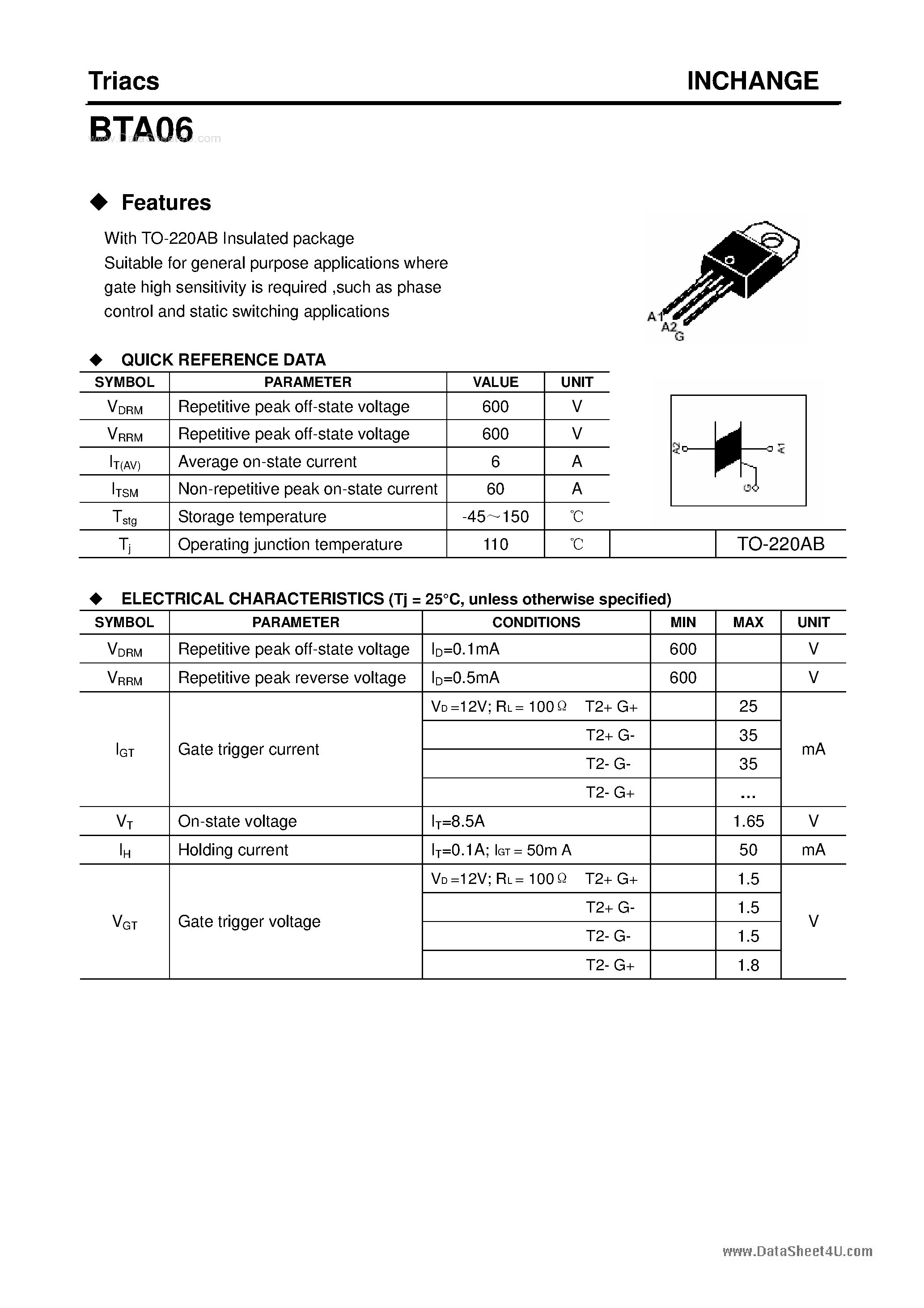 Даташит BTA06 - Triacs страница 1