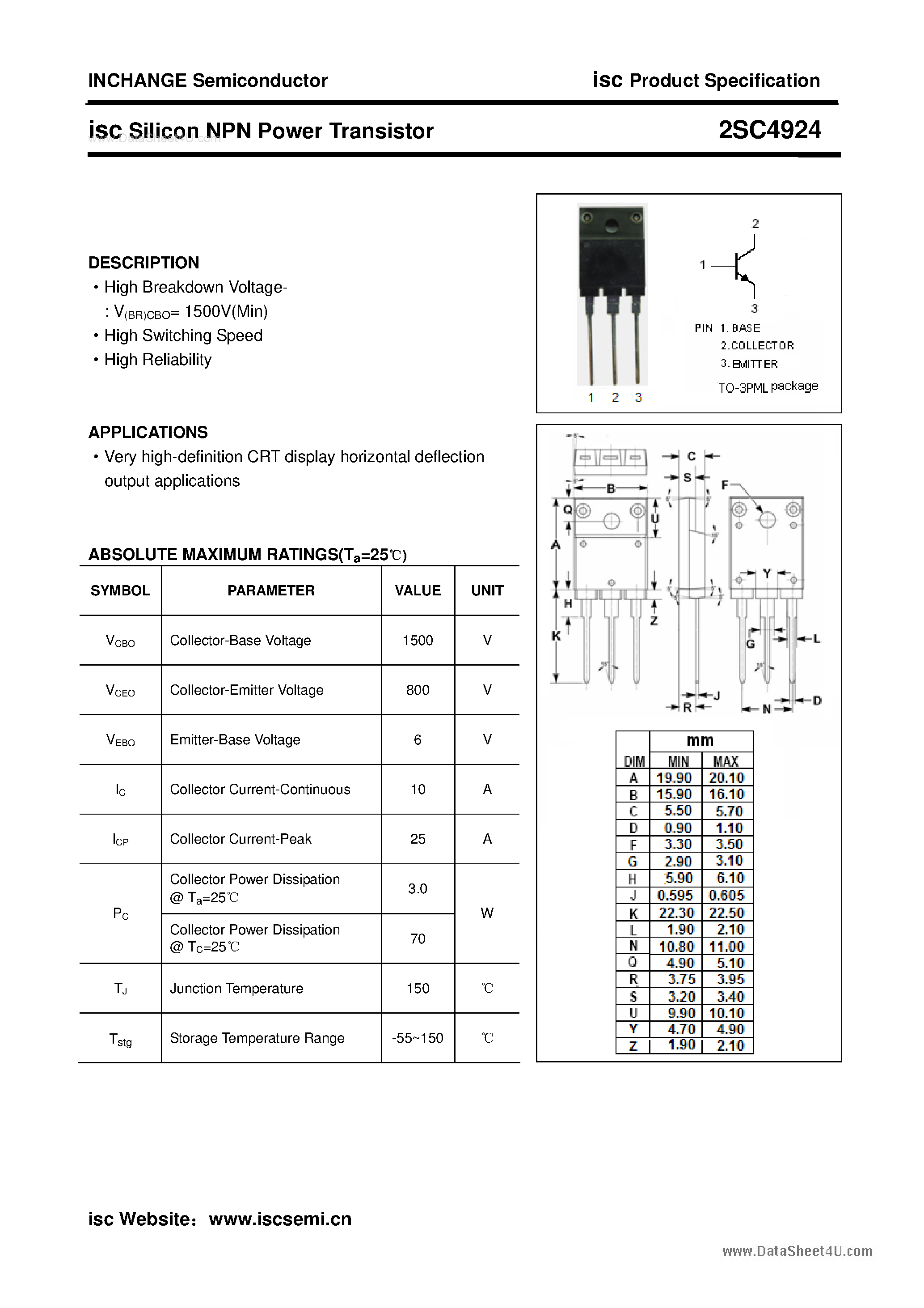 Даташит 2SC4924 - Silicon NPN Power Transistor страница 1