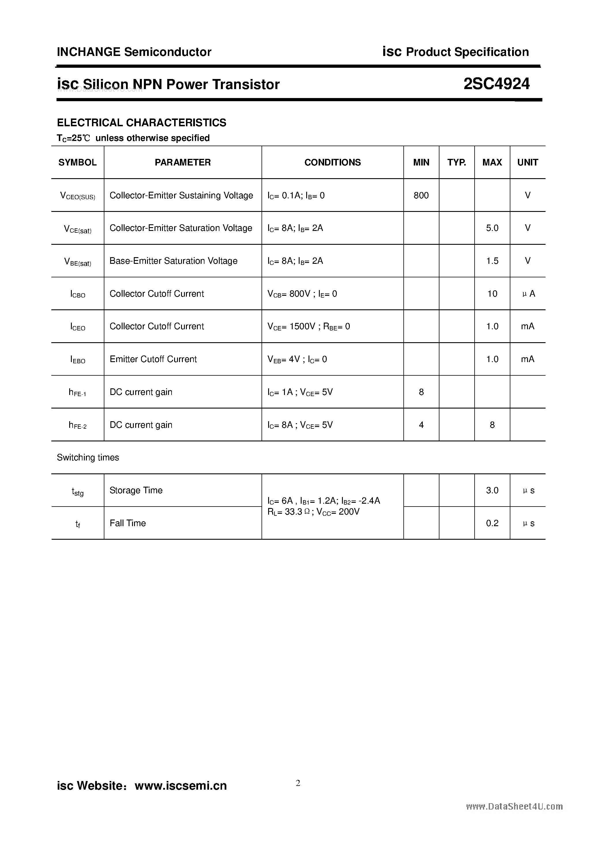 Даташит 2SC4924 - Silicon NPN Power Transistor страница 2