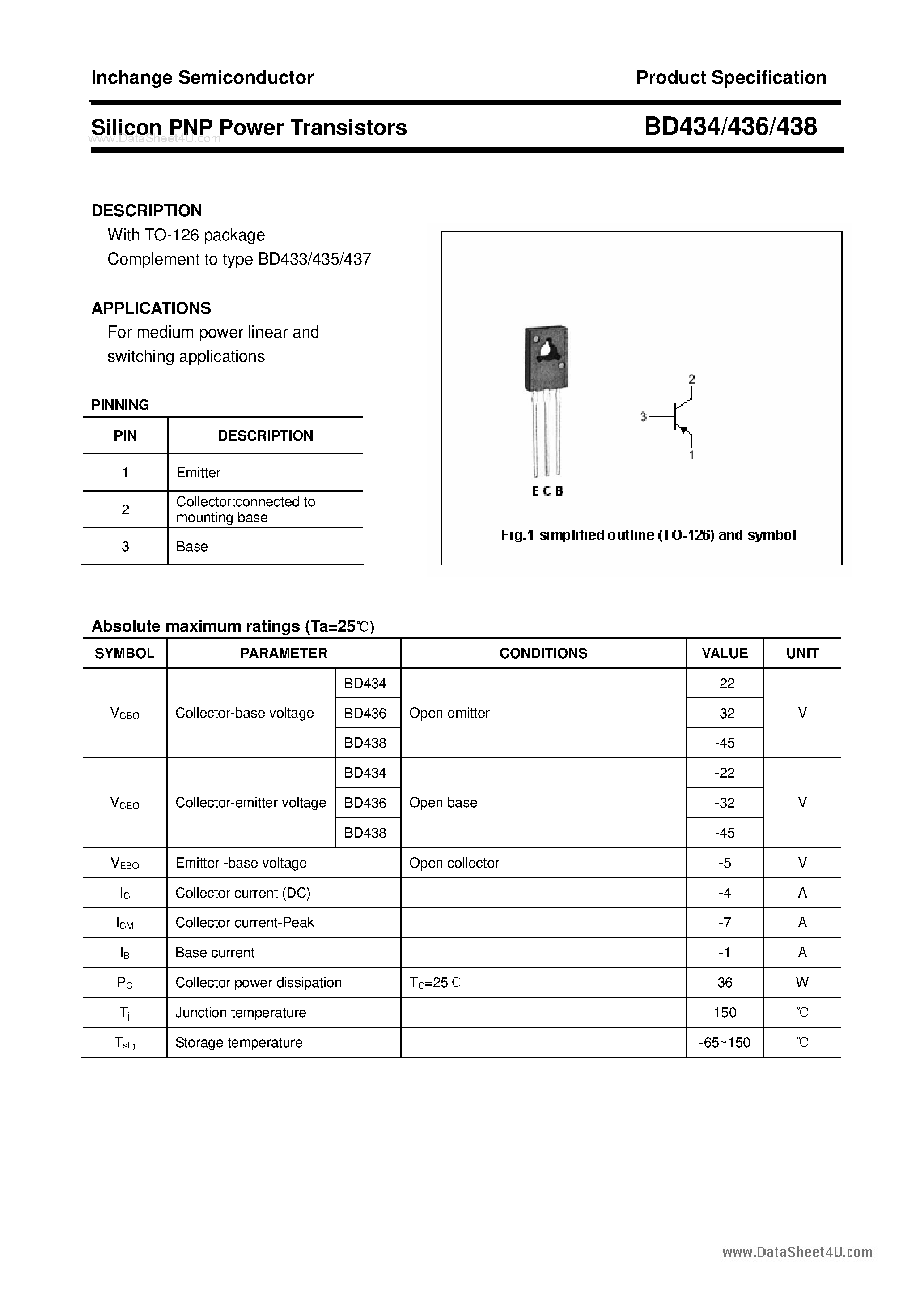 Даташит BD434 - (BD434 - BD436) Silicon PNP Power Transistors страница 1