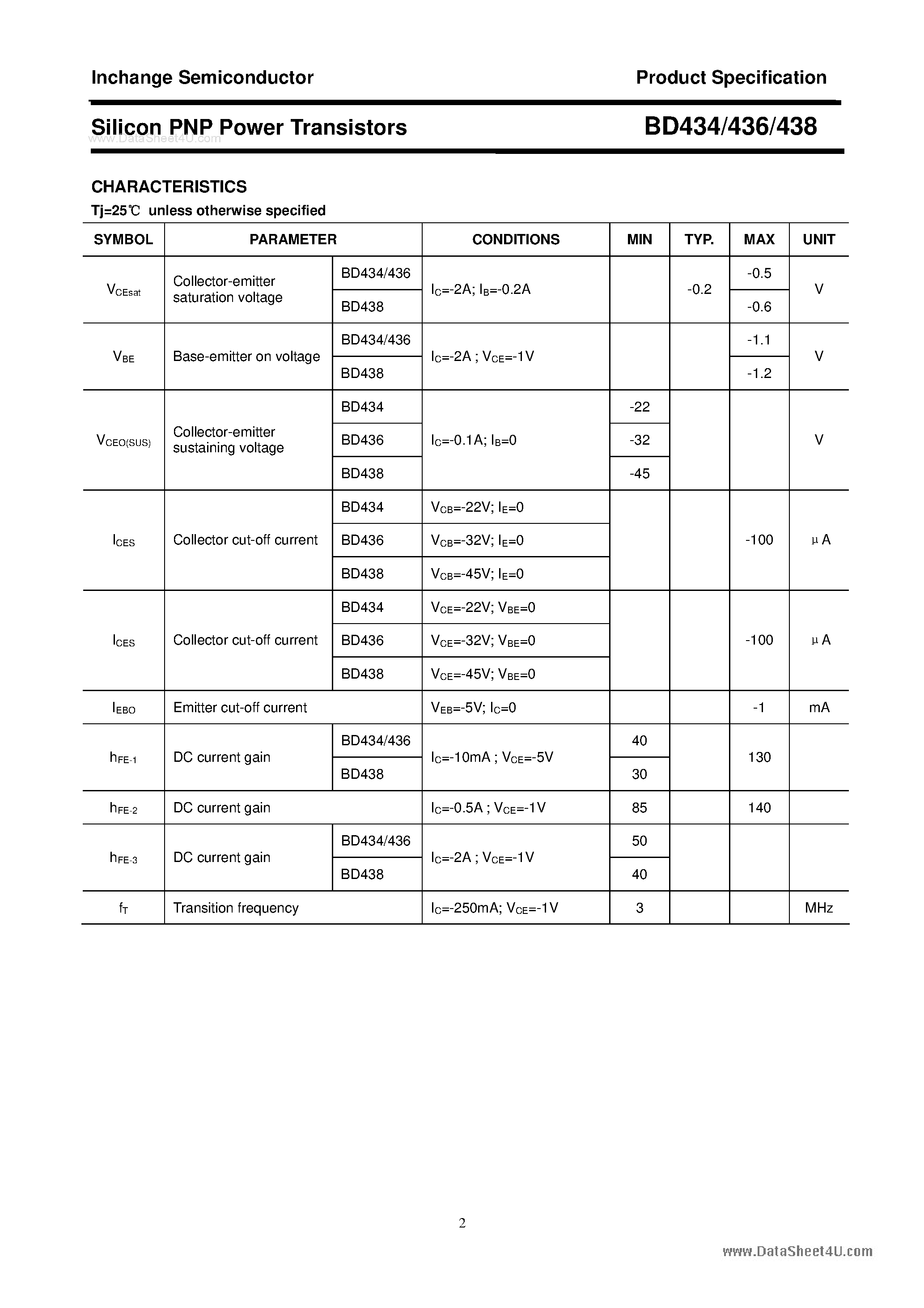 Даташит BD434 - (BD434 - BD436) Silicon PNP Power Transistors страница 2