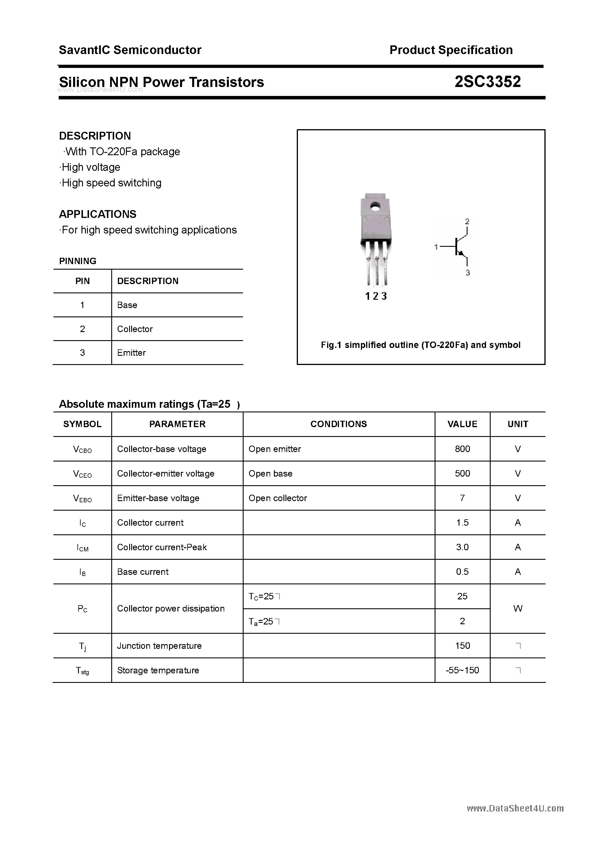 Datasheet 2SC3352 - SILICON POWER TRANSISTOR page 1