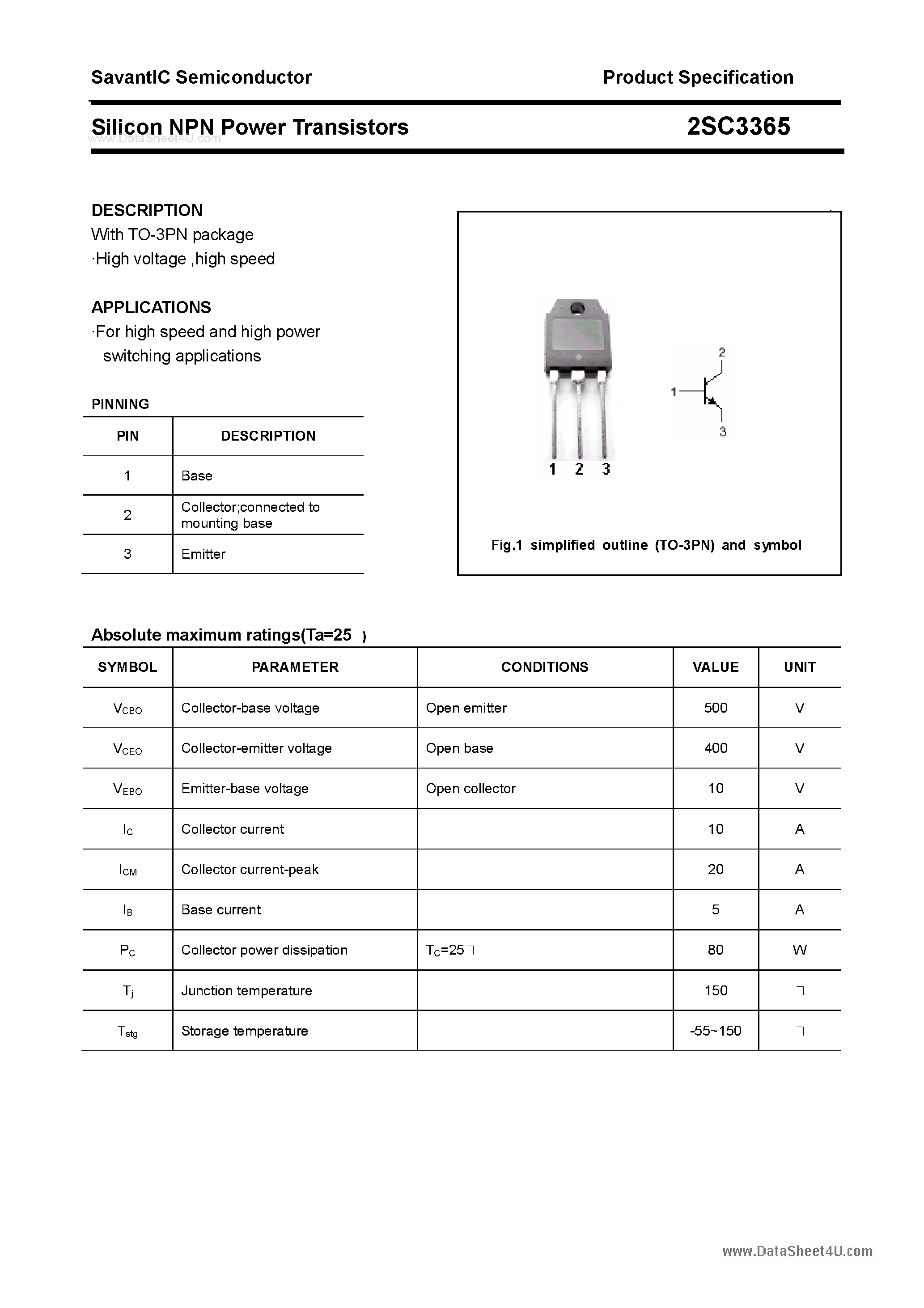 Datasheet 2SC3365 - SILICON POWER TRANSISTOR page 1