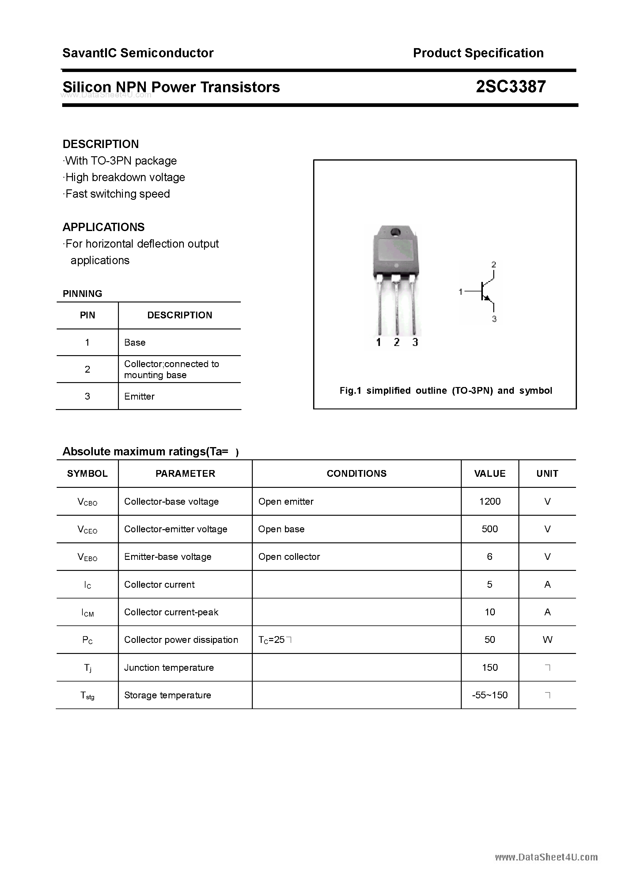 Datasheet 2SC3387 - SILICON POWER TRANSISTOR page 1