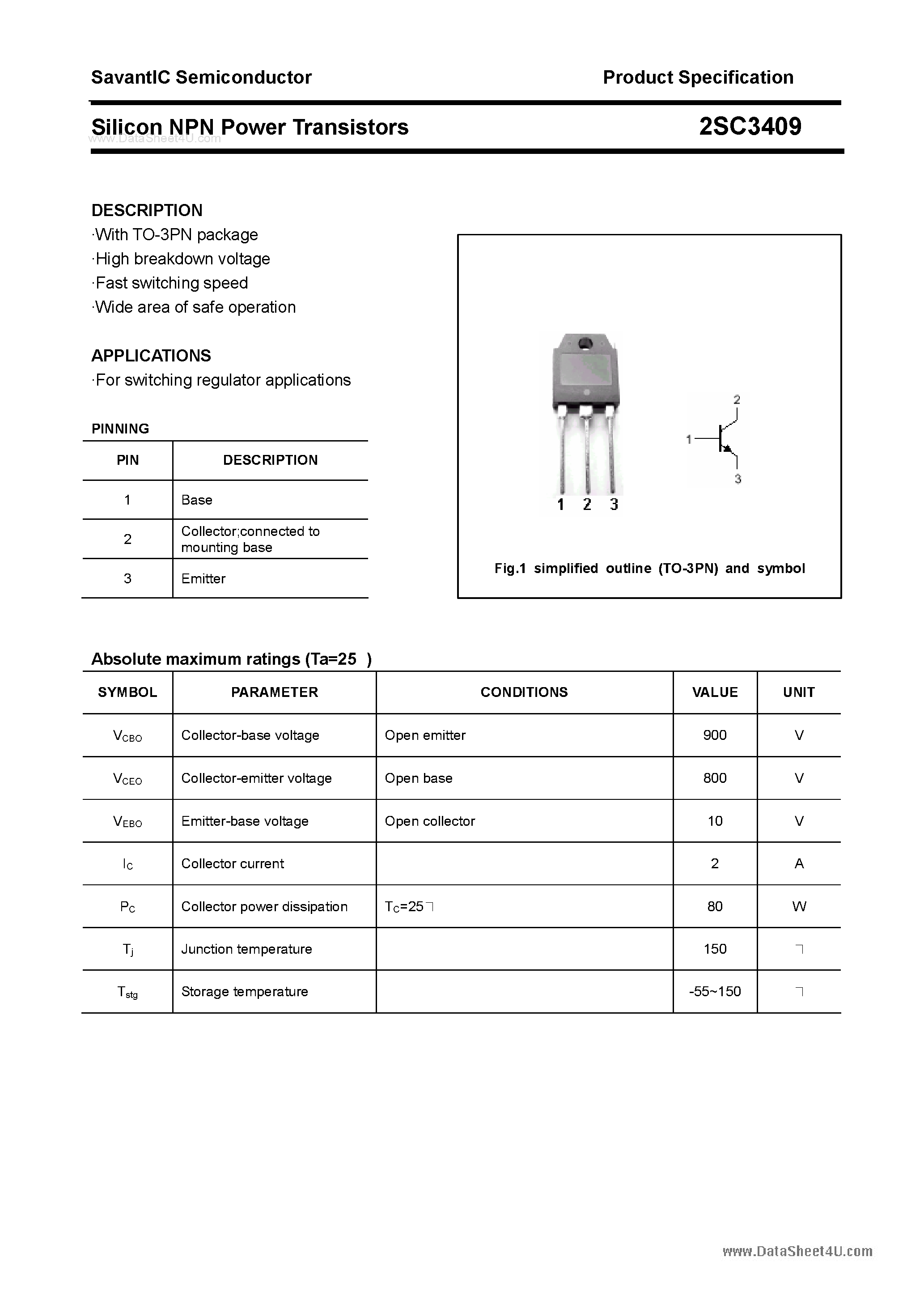 Datasheet 2SC3409 page 1 Datasheet 2SC3409 - SILICON POWER TRANSISTOR page 1