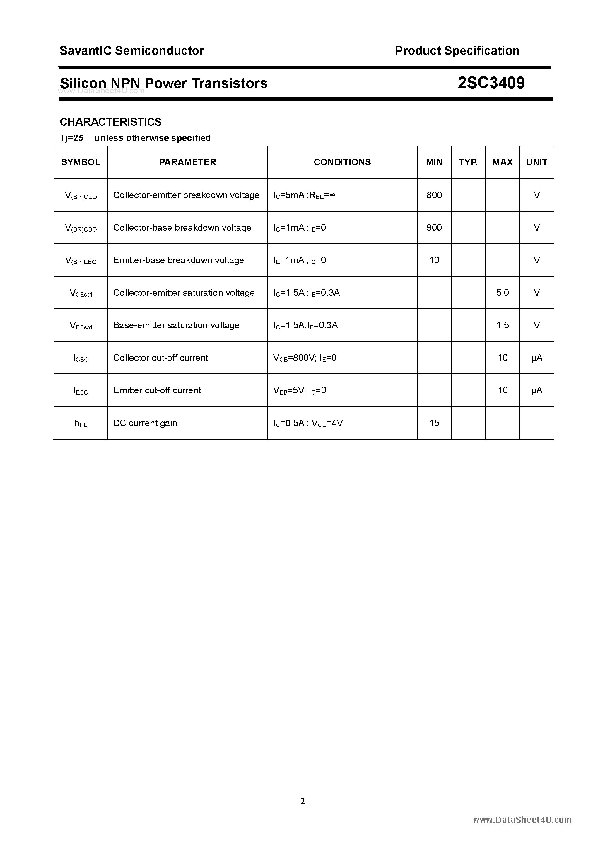 Datasheet 2SC3409 page 2 Datasheet 2SC3409 - SILICON POWER TRANSISTOR page 2
