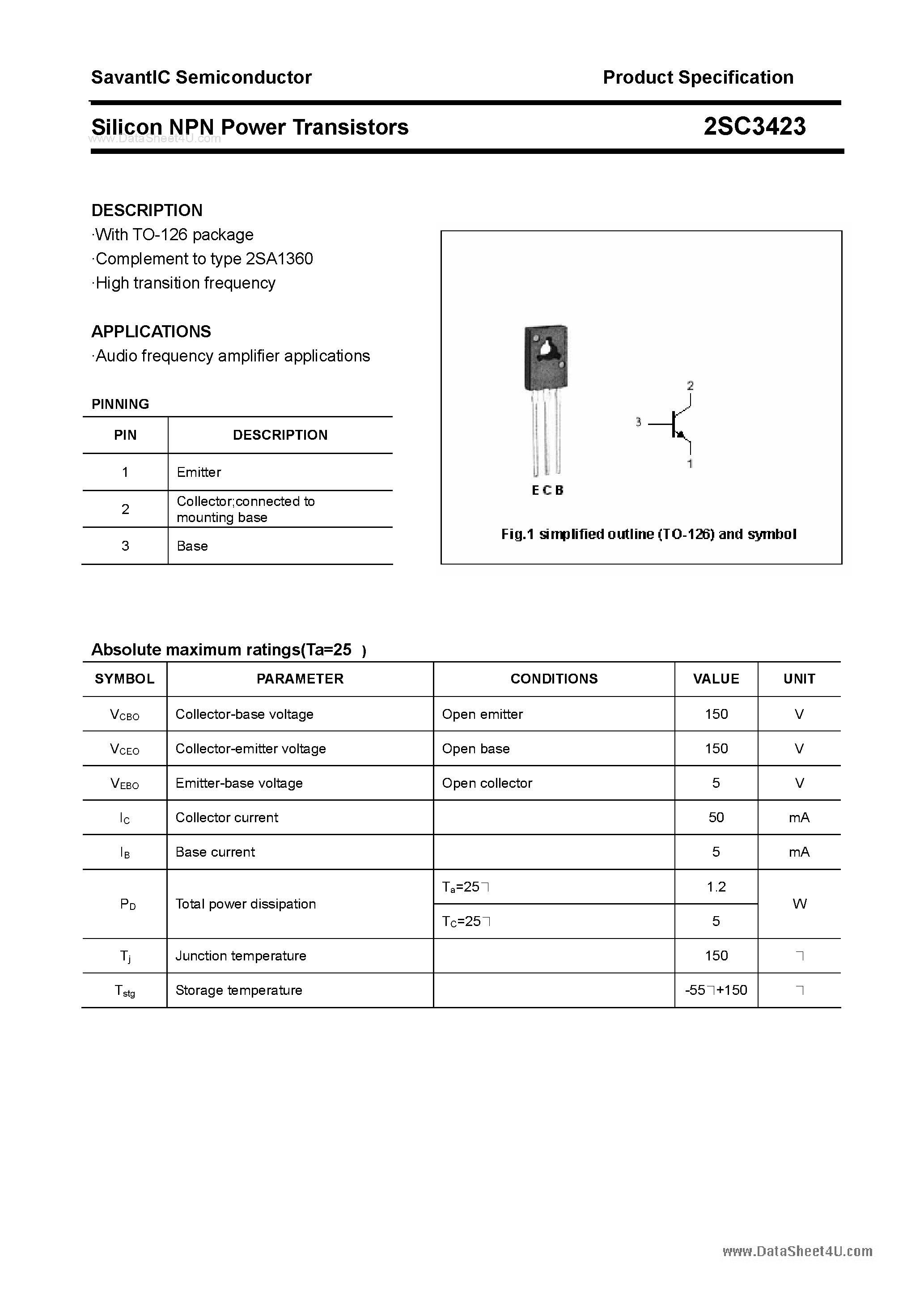 Datasheet 2SC3423 - SILICON POWER TRANSISTOR page 1