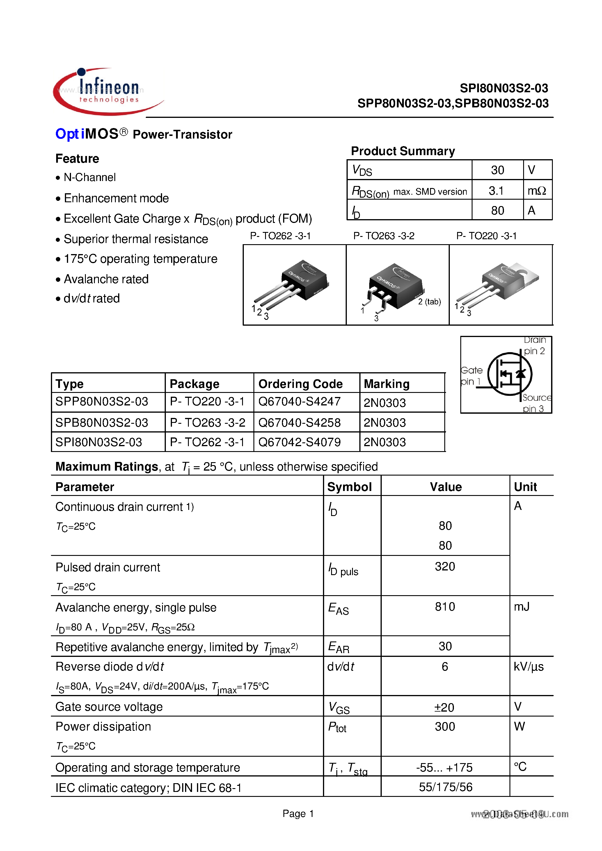 Даташит SPI80N03S2-03 - OptiMOS Power-Transistor страница 1