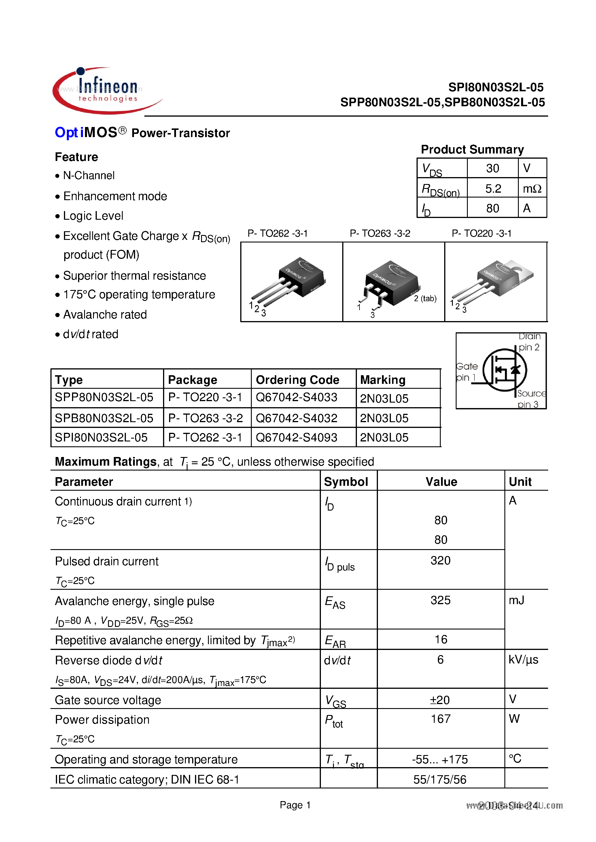 Даташит на микросхему SPI80N03S2L-05 страница 1 Даташит SPI80N03S2L-05 - Power-Transistor страница 1