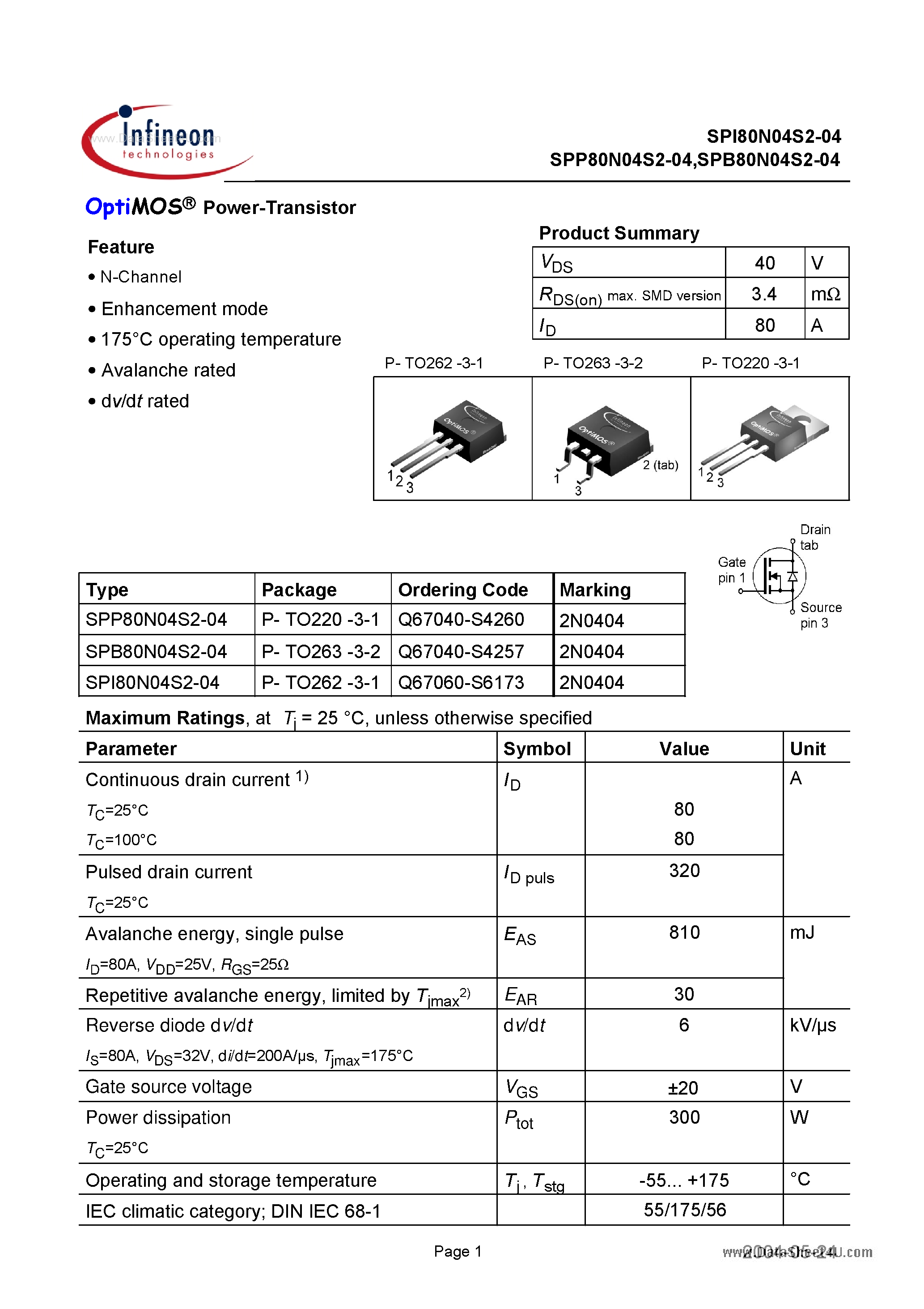 Даташит на микросхему SPI80N04S2-04 страница 1 Даташит SPI80N04S2-04 - Power-Transistor страница 1