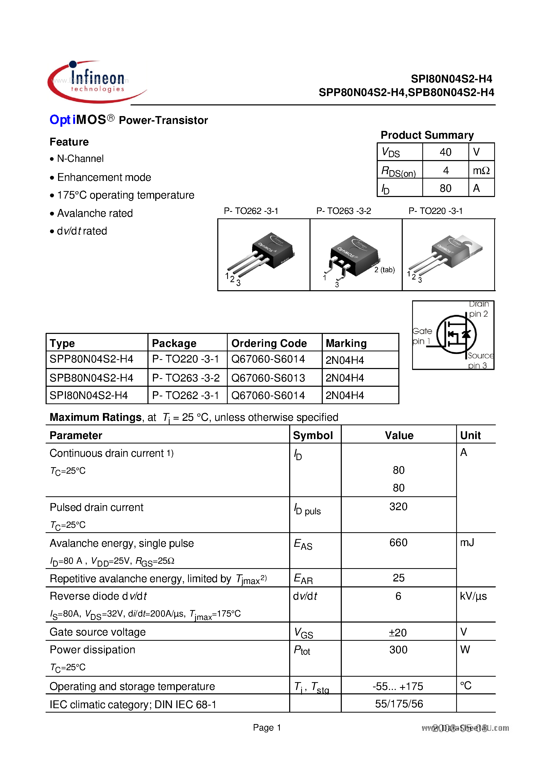 Datasheet SPI80N04S2-H4 - Power-Transistor page 1