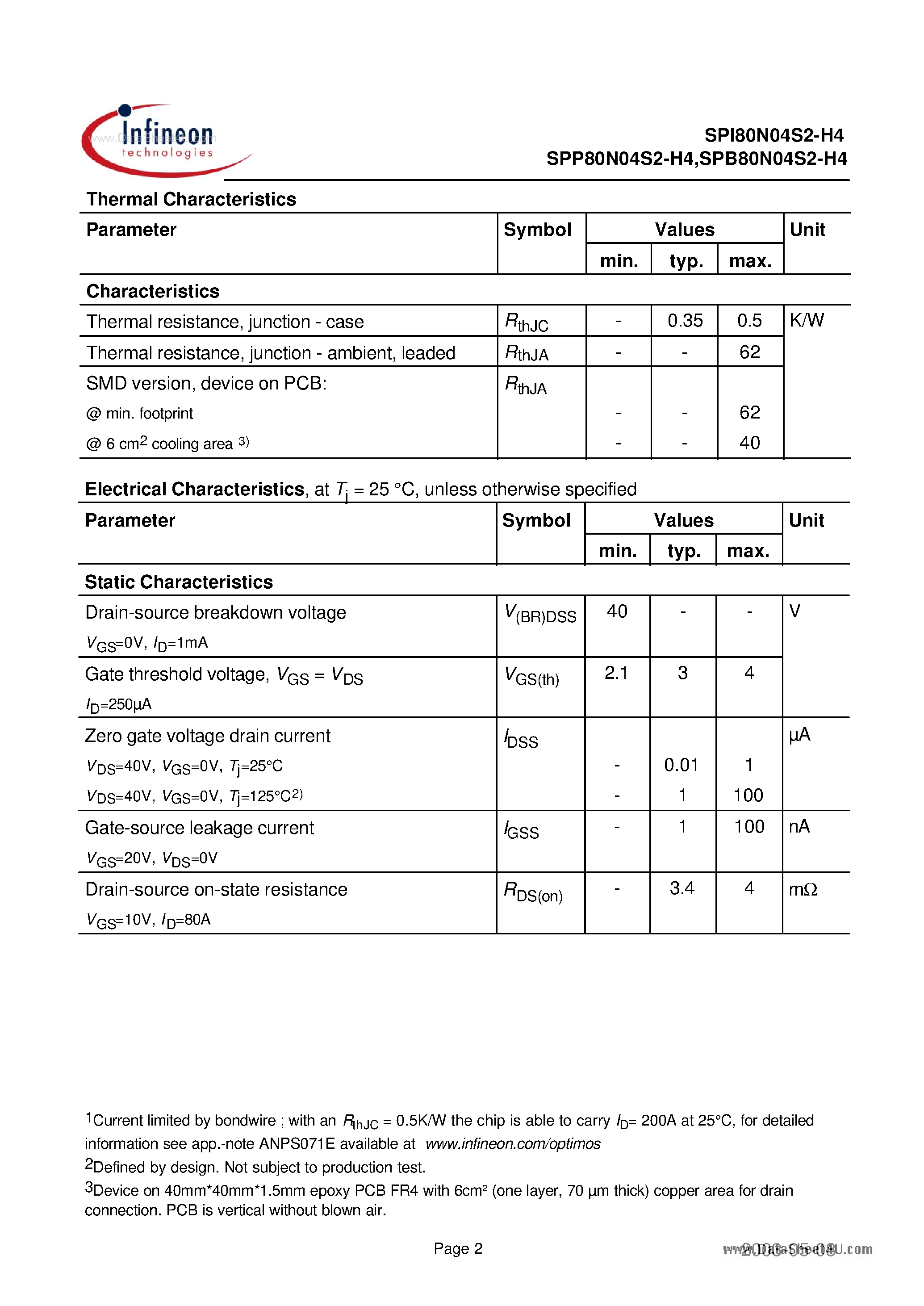 Даташит на микросхему SPI80N04S2-H4 страница 2 Даташит SPI80N04S2-H4 - Power-Transistor страница 2