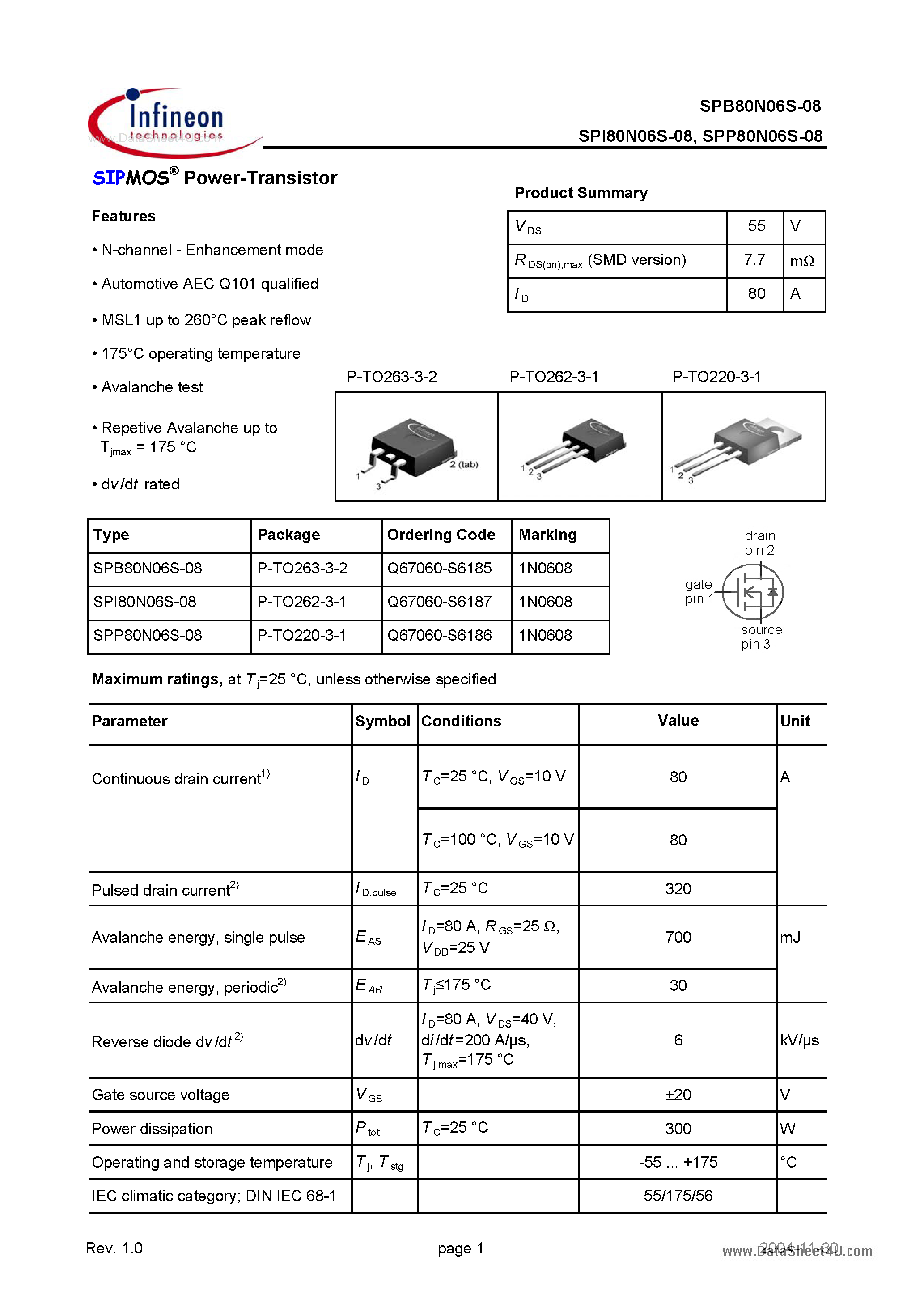 Даташит на микросхему SPI80N06S-08 страница 1 Даташит SPI80N06S-08 - Power-Transistor страница 1