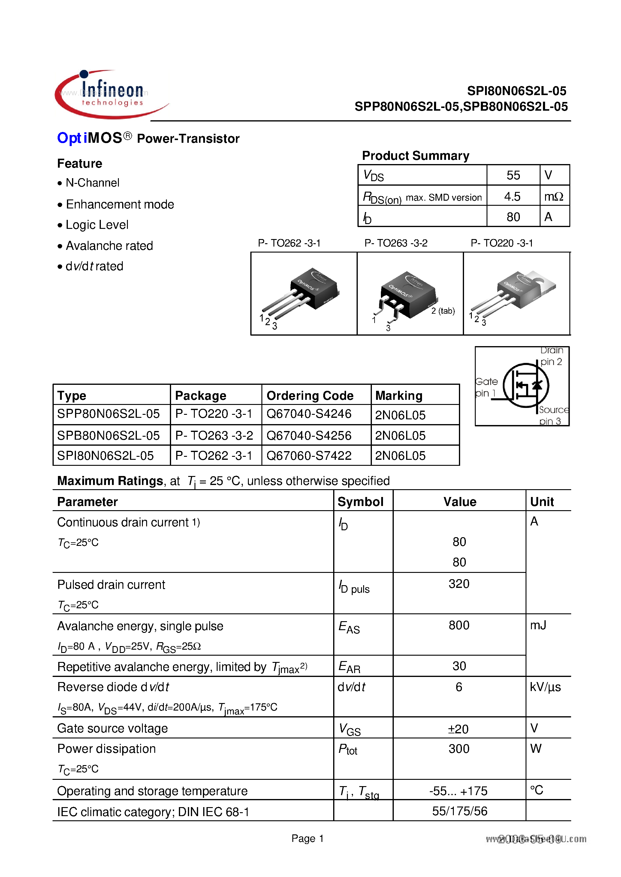Даташит на микросхему SPI80N06S2L-05 страница 1 Даташит SPI80N06S2L-05 - Power-Transistor страница 1