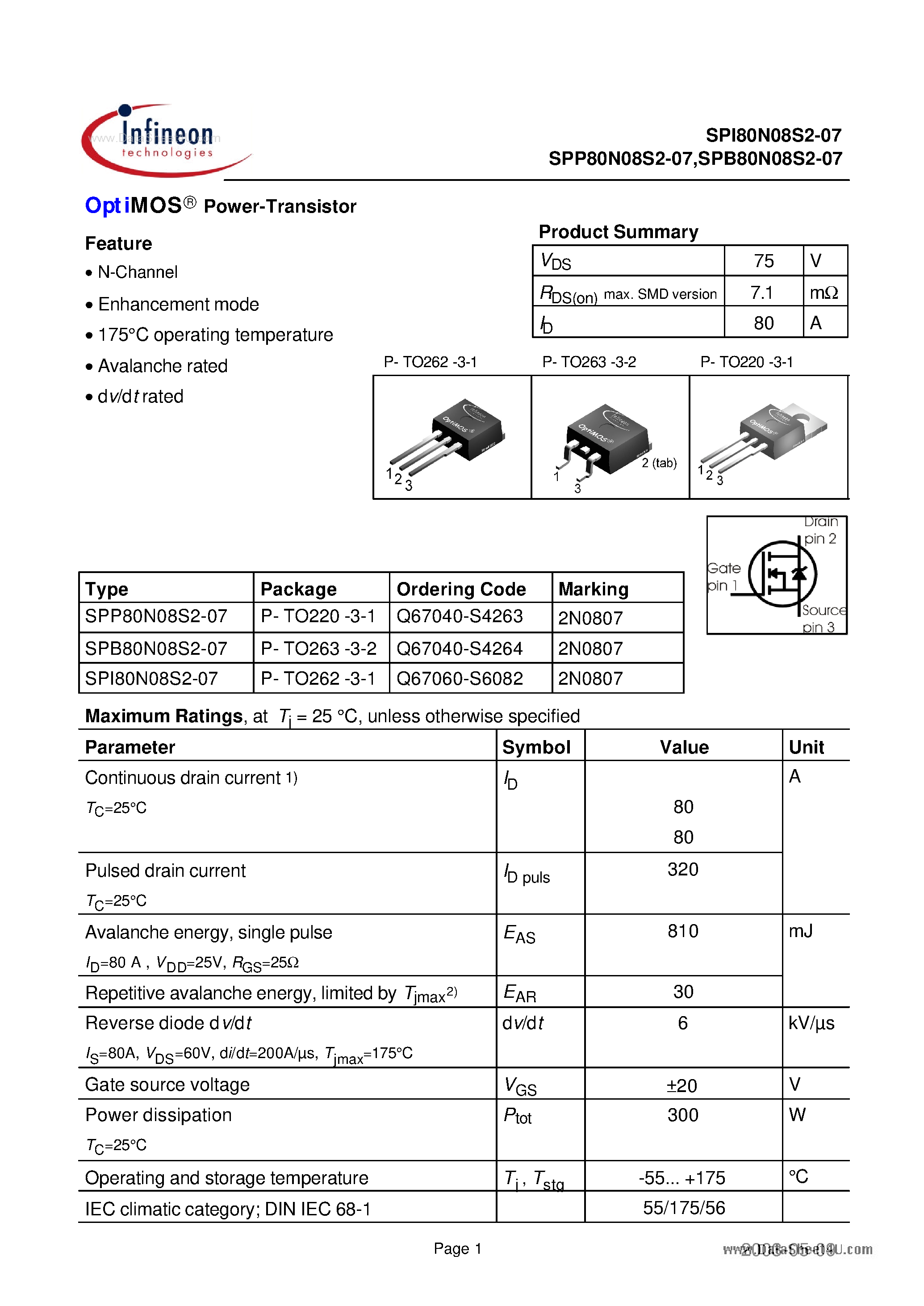 Даташит на микросхему SPI80N08S2-07 страница 1 Даташит SPI80N08S2-07 - Power-Transistor страница 1