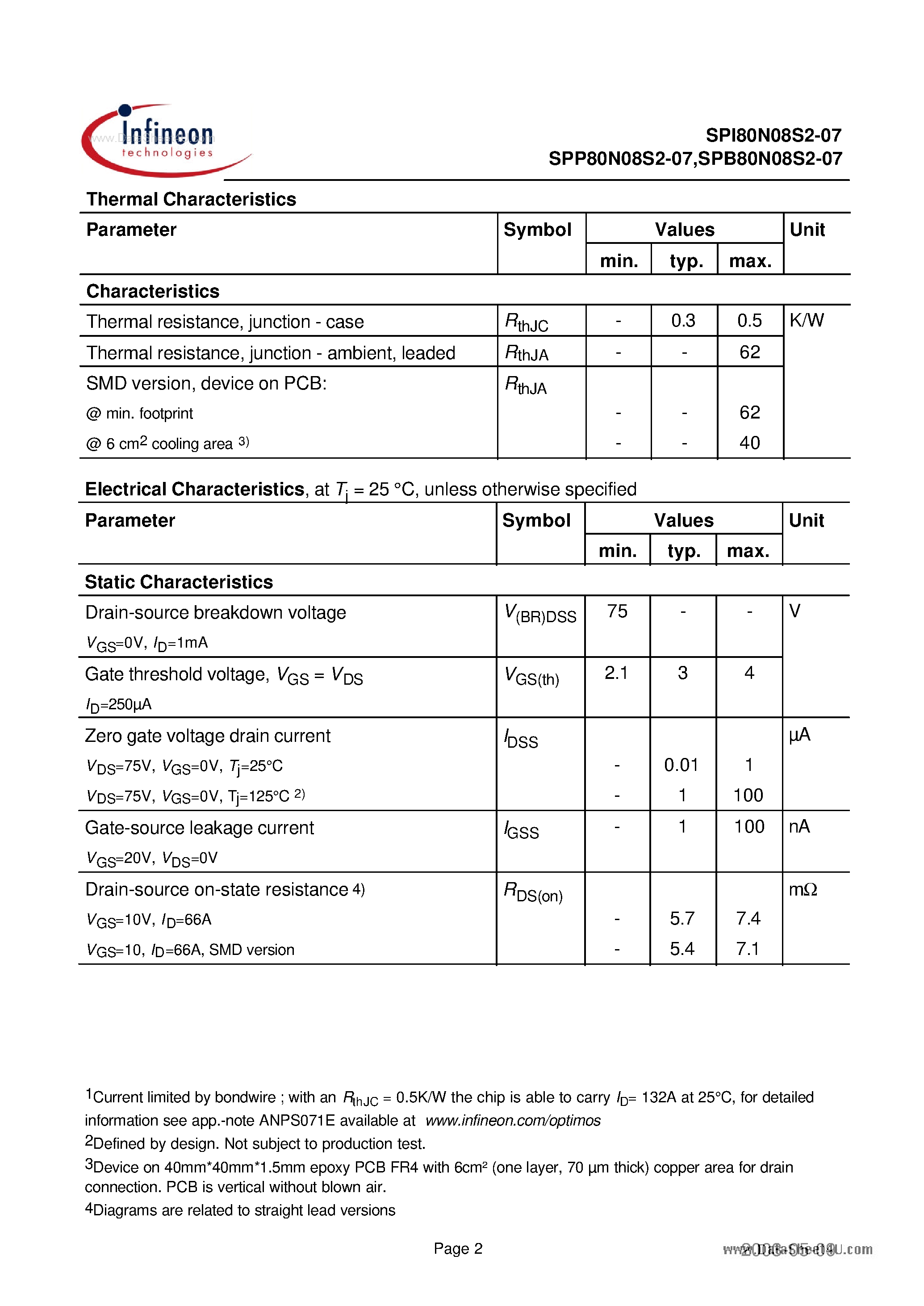Даташит на микросхему SPI80N08S2-07 страница 2 Даташит SPI80N08S2-07 - Power-Transistor страница 2