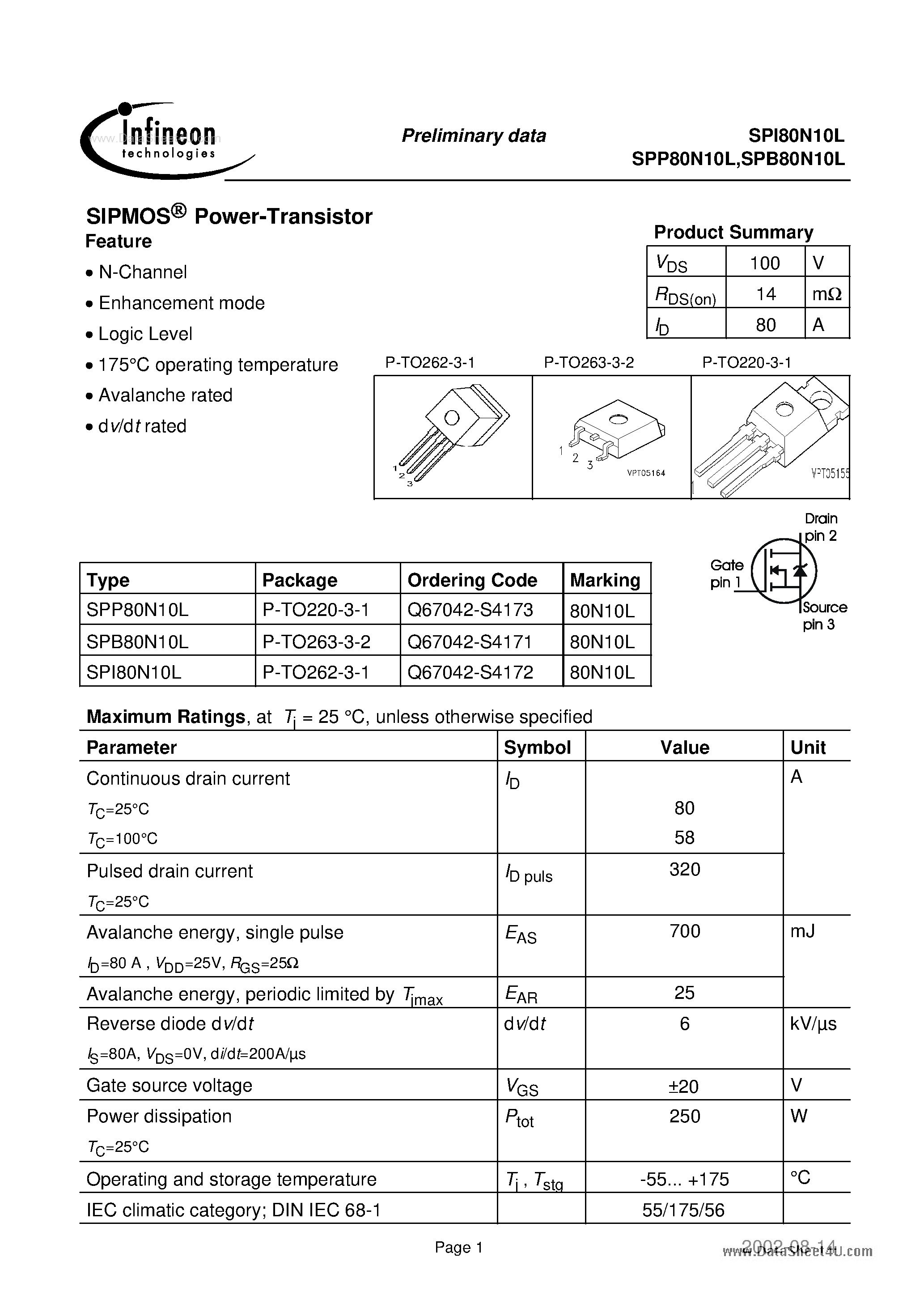 Даташит на микросхему SPI80N10L страница 1 Даташит SPI80N10L - Power-Transistor страница 1