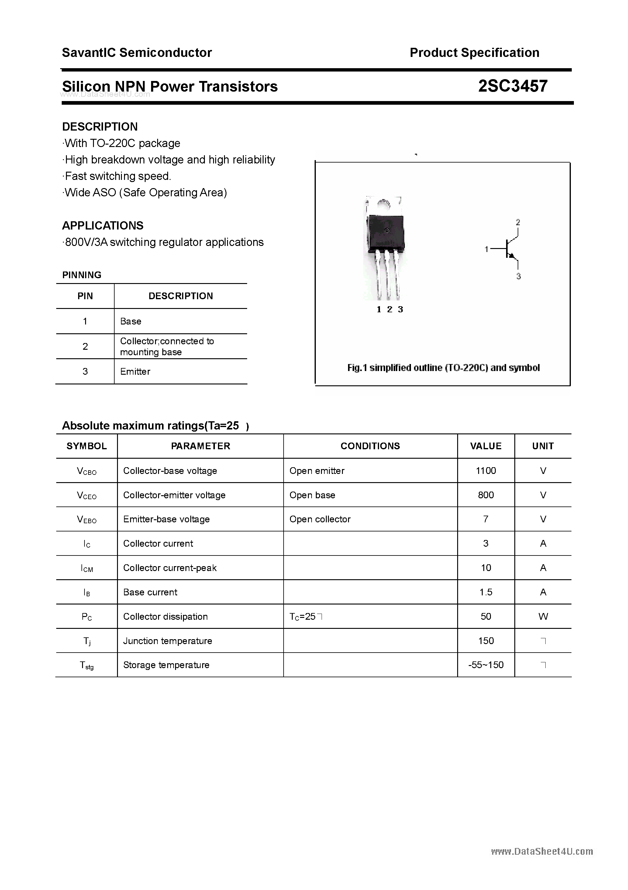 Datasheet 2SC3457 - SILICON POWER TRANSISTOR page 1