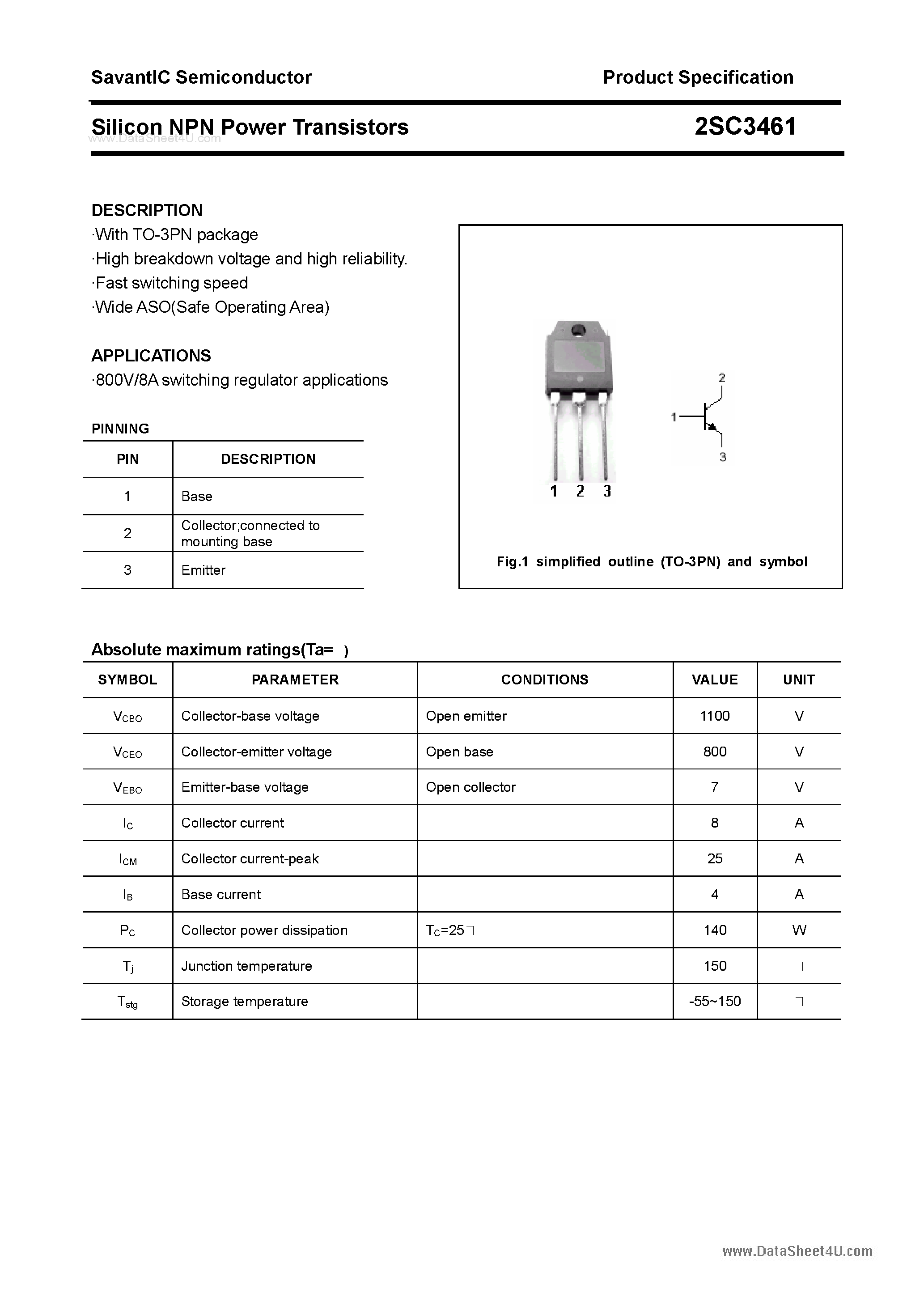 Datasheet 2SC3461 - SILICON POWER TRANSISTOR page 1