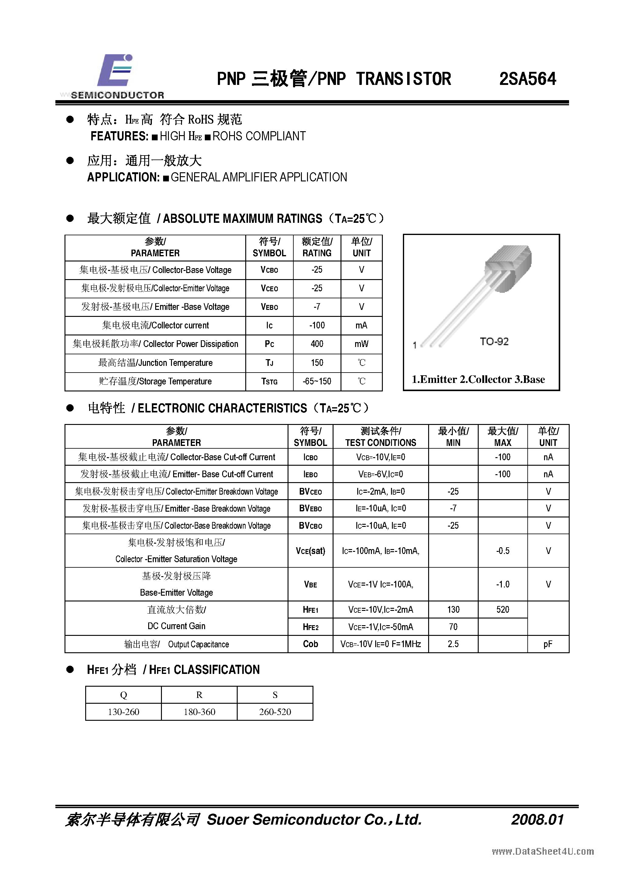 Datasheet 2SA564 - PNP Transistor page 1