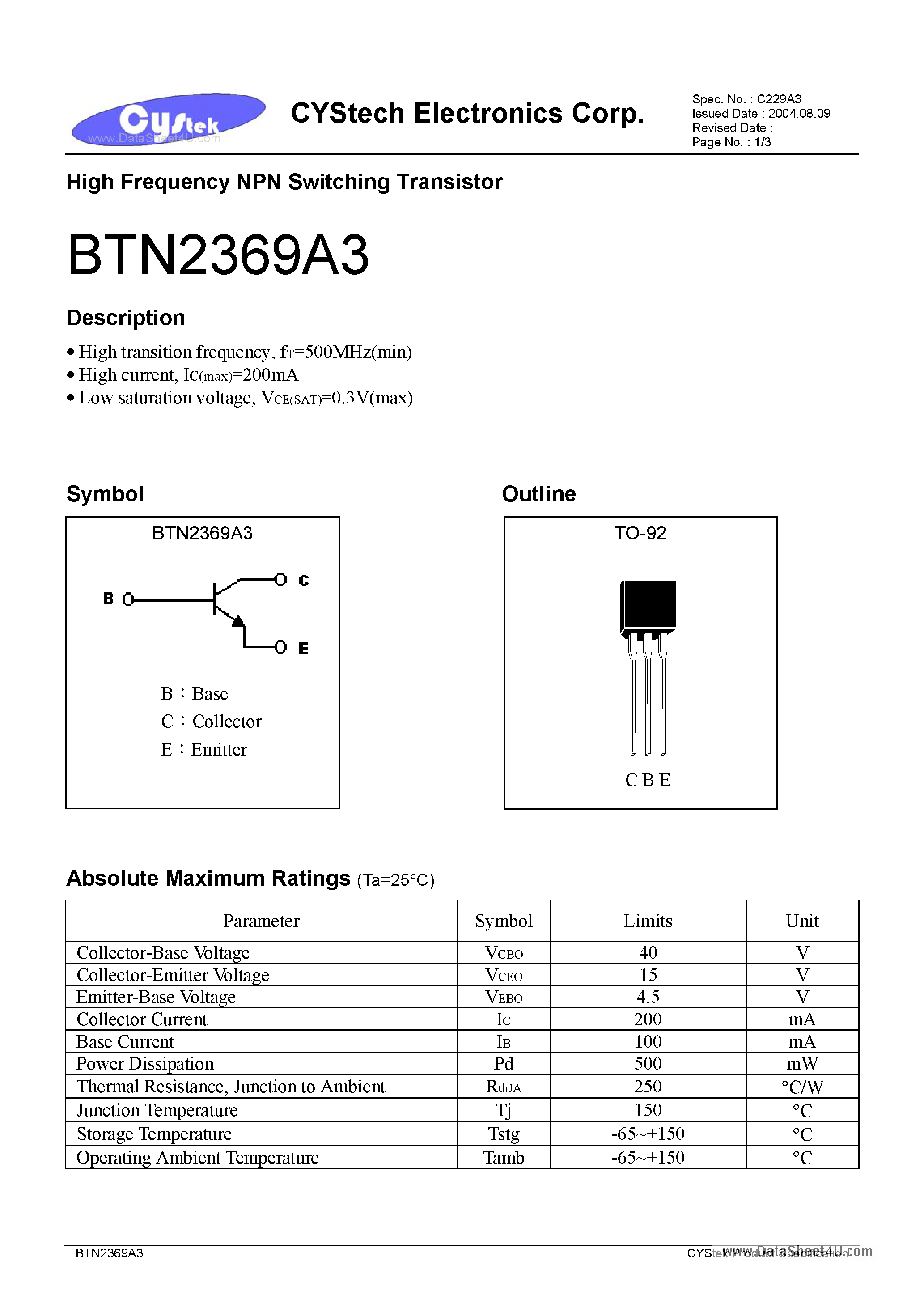 Даташит на микросхему BTN2369A3 страница 1 Даташит BTN2369A3 - High Frequency NPN Switching Transistor страница 1