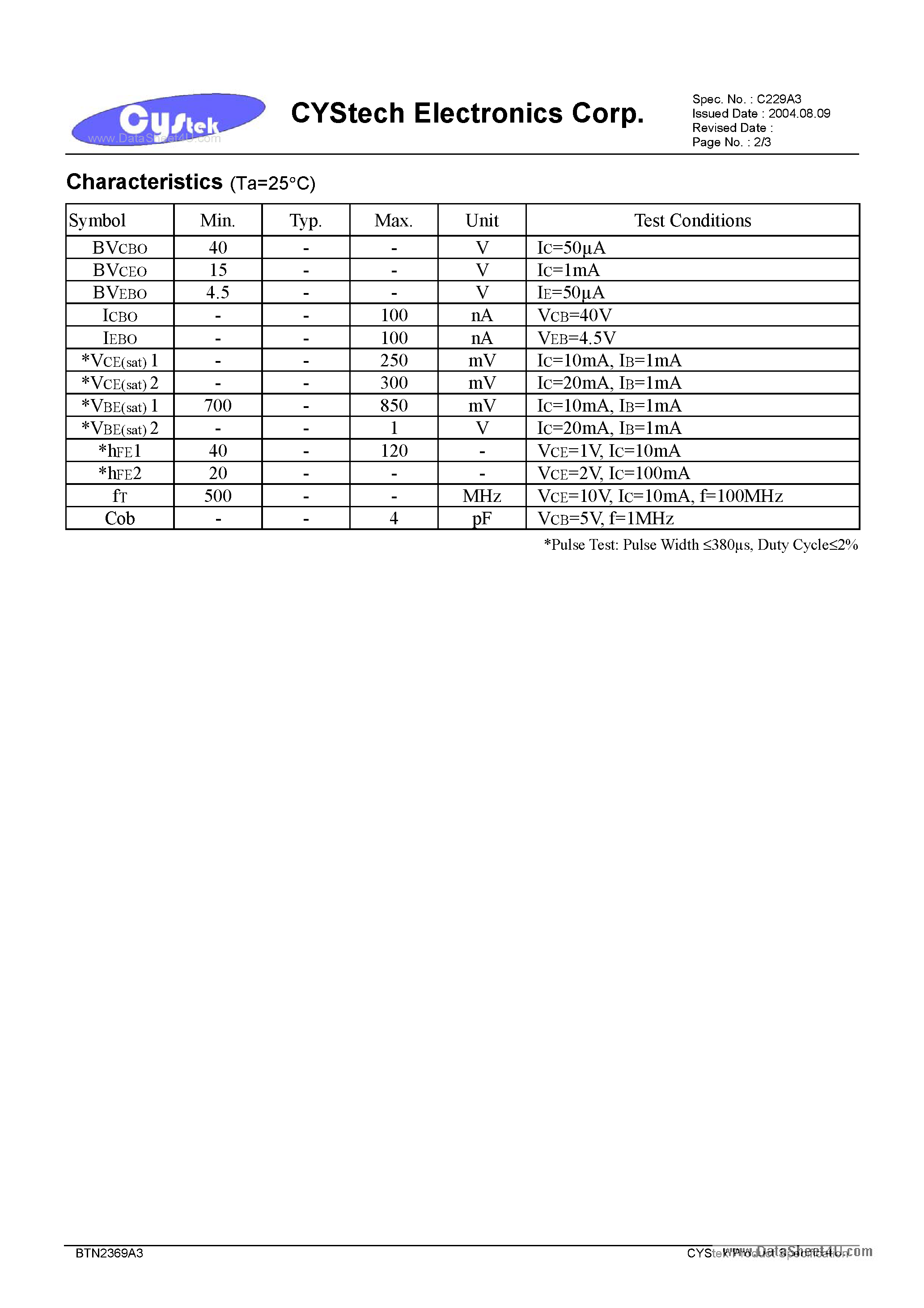 Даташит на микросхему BTN2369A3 страница 2 Даташит BTN2369A3 - High Frequency NPN Switching Transistor страница 2