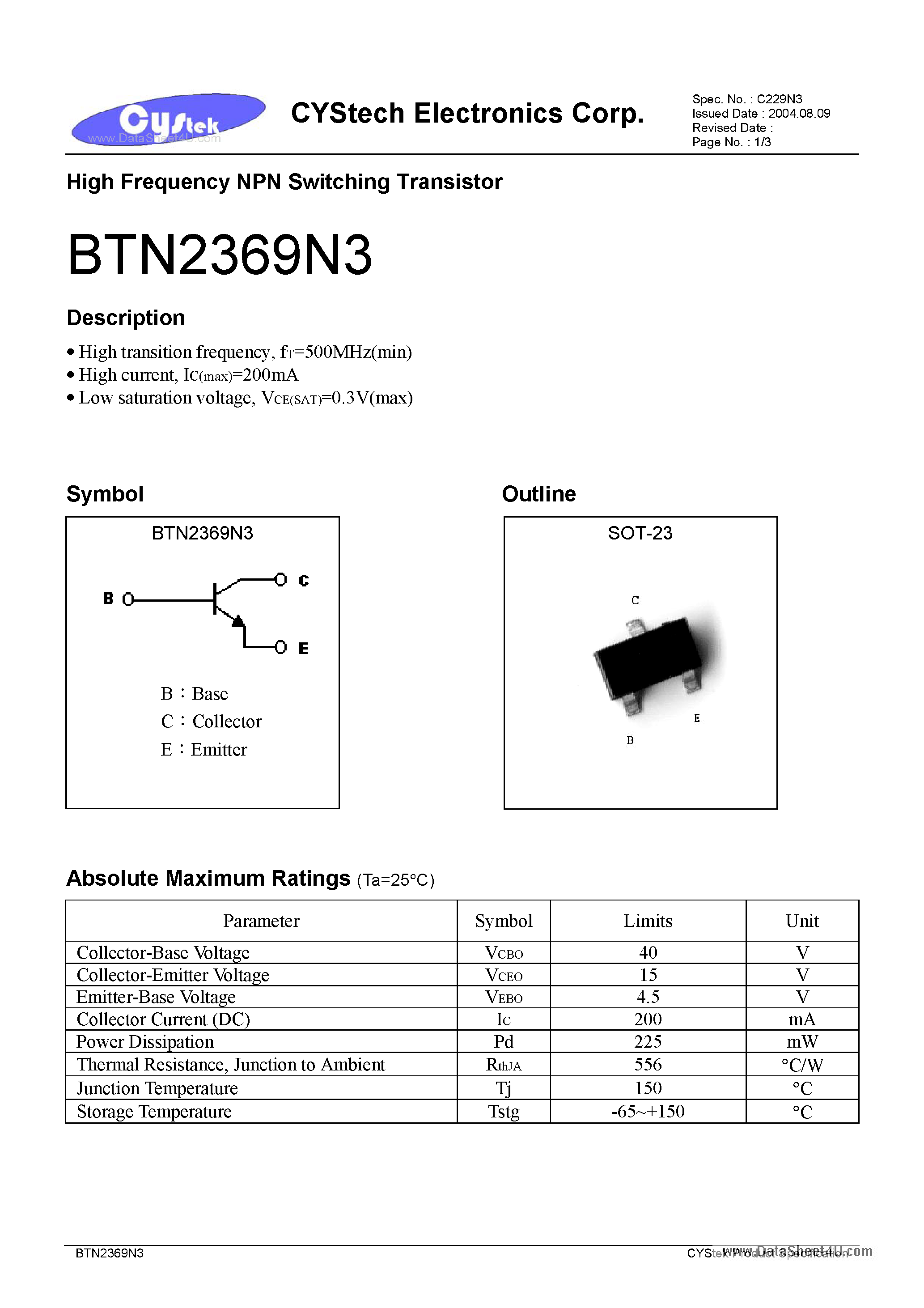 Даташит на микросхему BTN2369N3 страница 1 Даташит BTN2369N3 - High Frequency NPN Switching Transistor страница 1