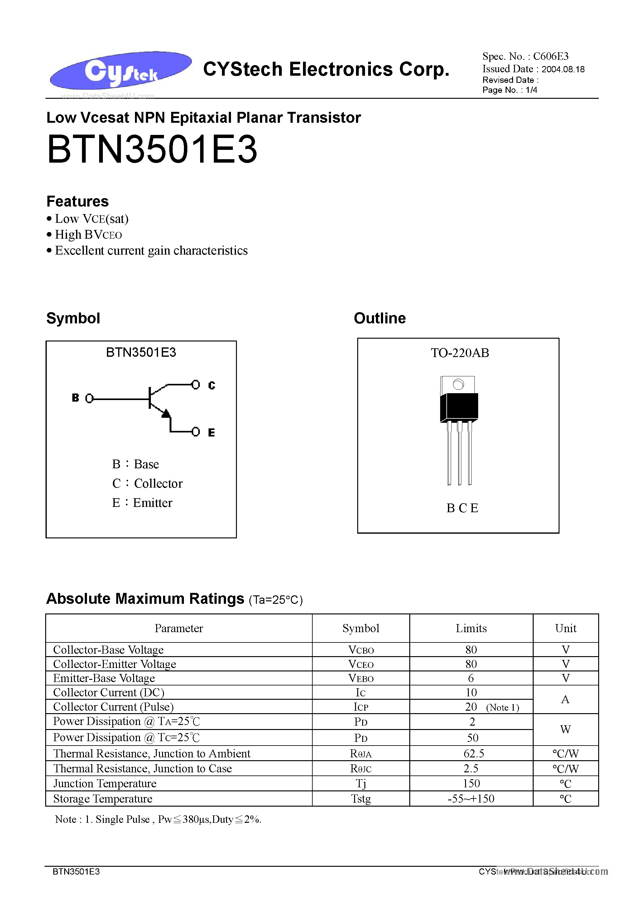 Datasheet BTN3501E3 page 1 Datasheet BTN3501E3 - High Speed Switching diode page 1