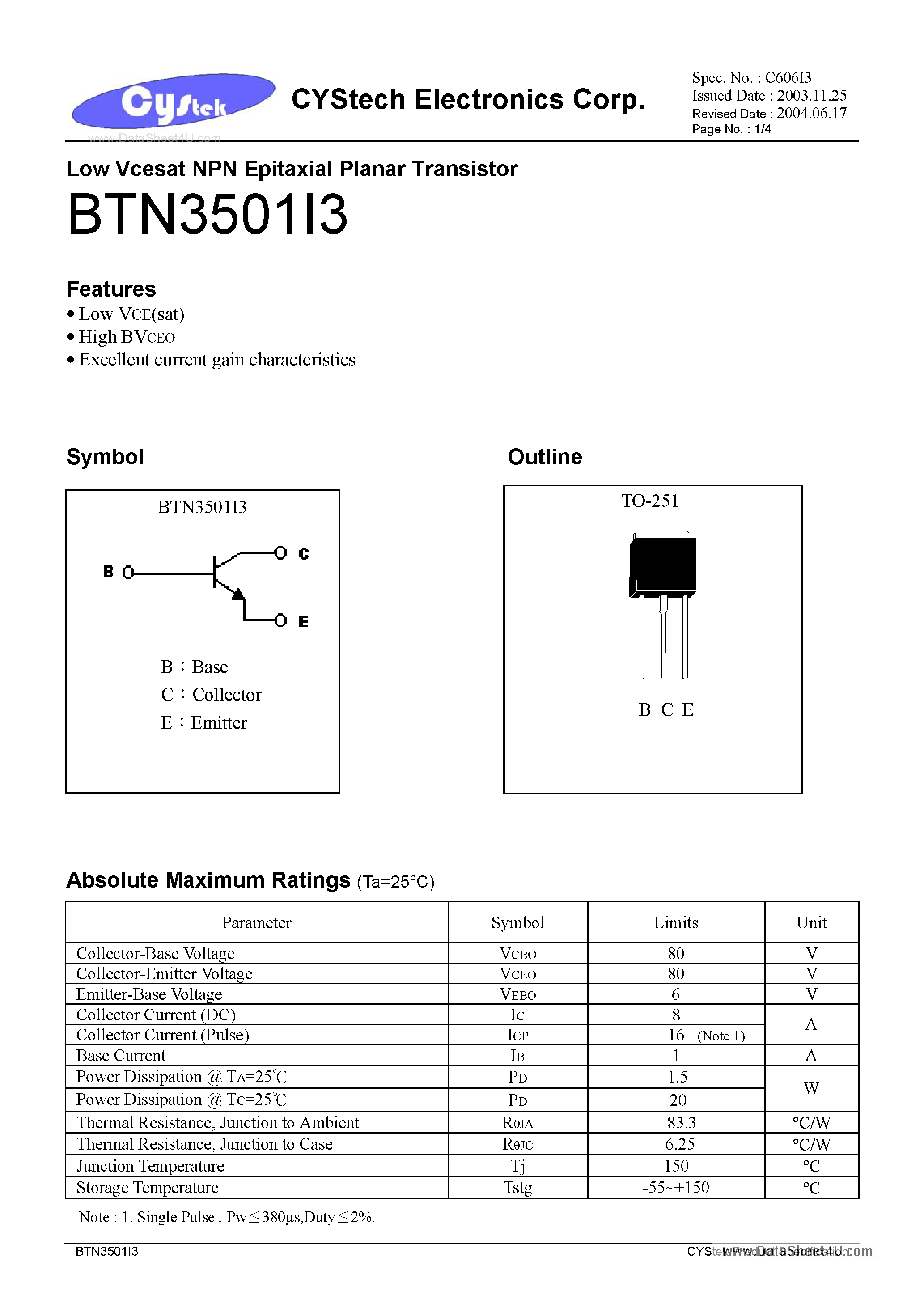 Datasheet BTN3501I3 page 1 Datasheet BTN3501I3 - High Speed Switching diode page 1