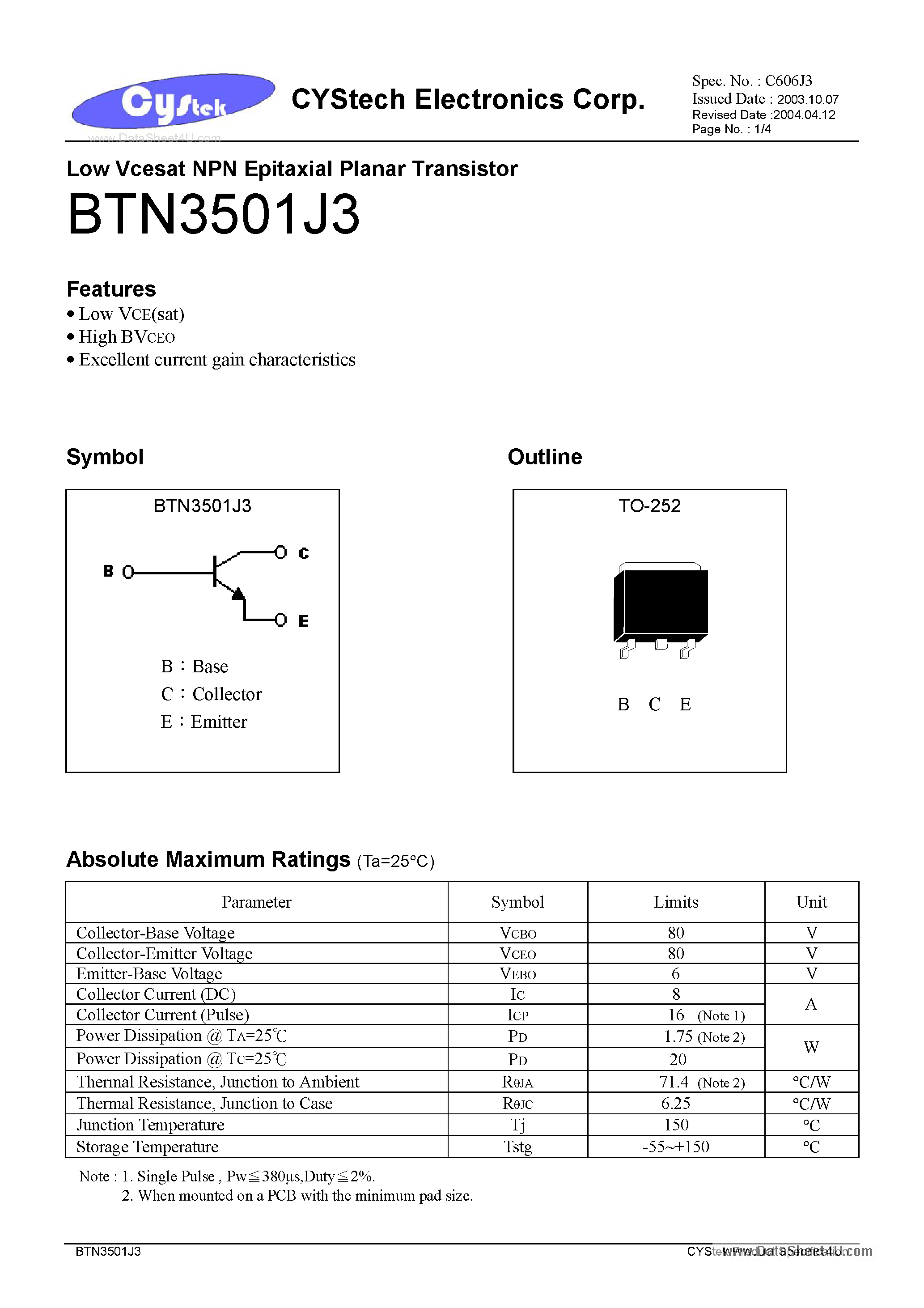 Datasheet BTN3501J3 page 1 Datasheet BTN3501J3 - High Speed Switching diode page 1