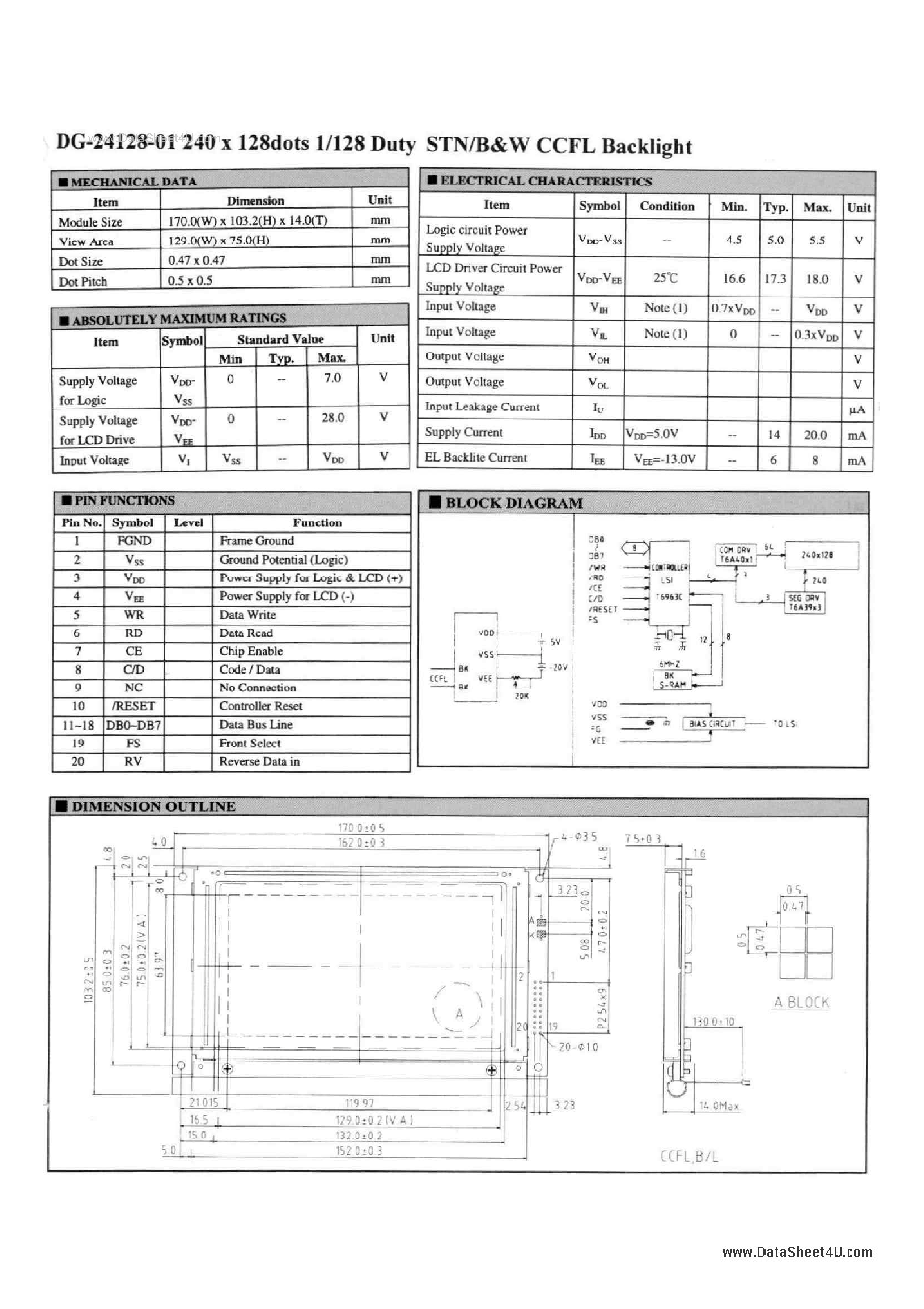 Даташит на микросхему DG-24128-01 страница 1 Даташит DG-24128-01 - 240 X 128DOT 1/128 DUTY страница 1