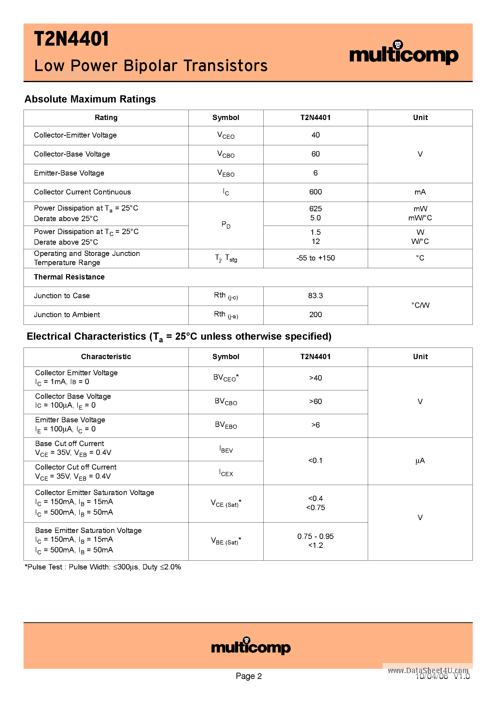 Datasheet T2N4401 page 2 Datasheet T2N4401 - Low Power Bipolar Transistors page 2