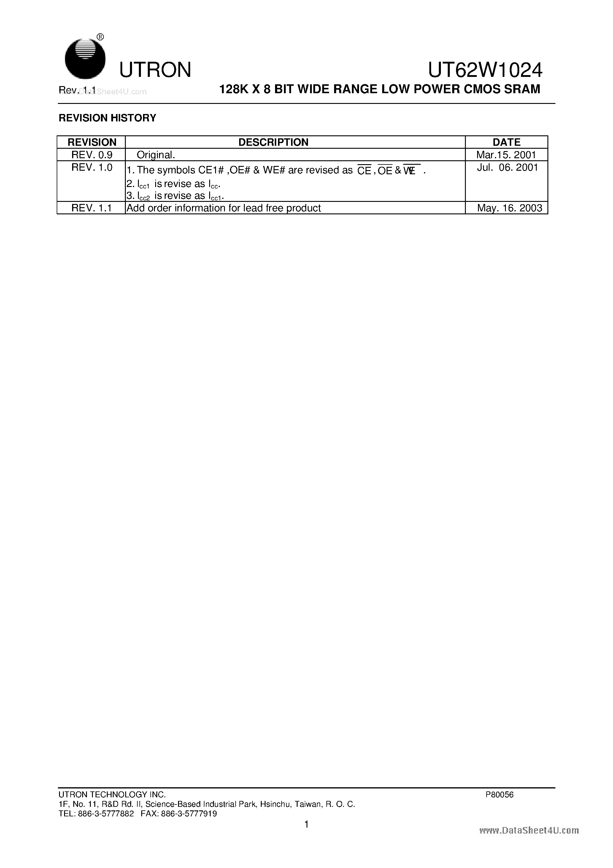 Datasheet UT62W1024 - 128K X 8-Bit Wide Range Low Power CMOS SRAM page 1