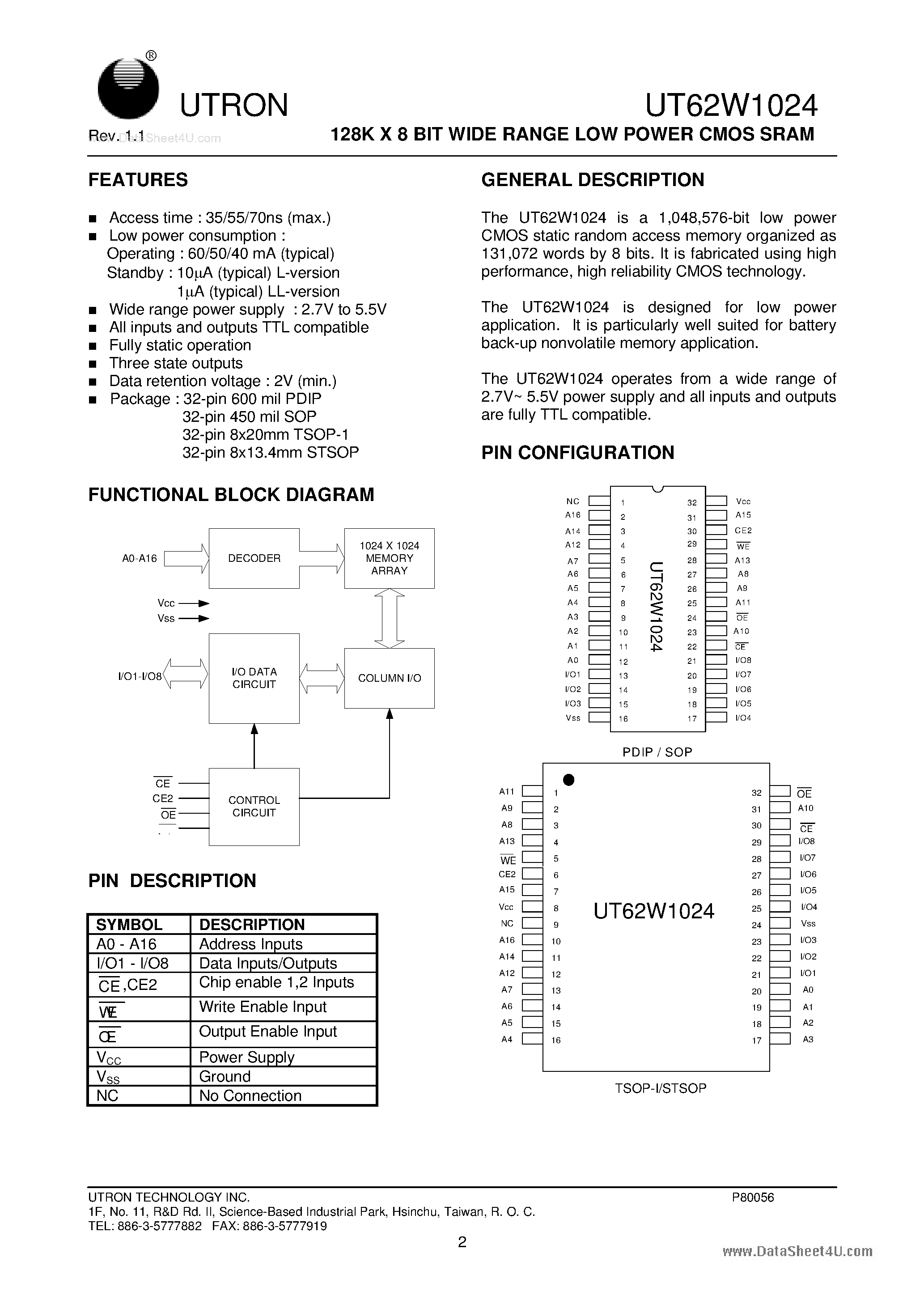 Datasheet UT62W1024 - 128K X 8-Bit Wide Range Low Power CMOS SRAM page 2