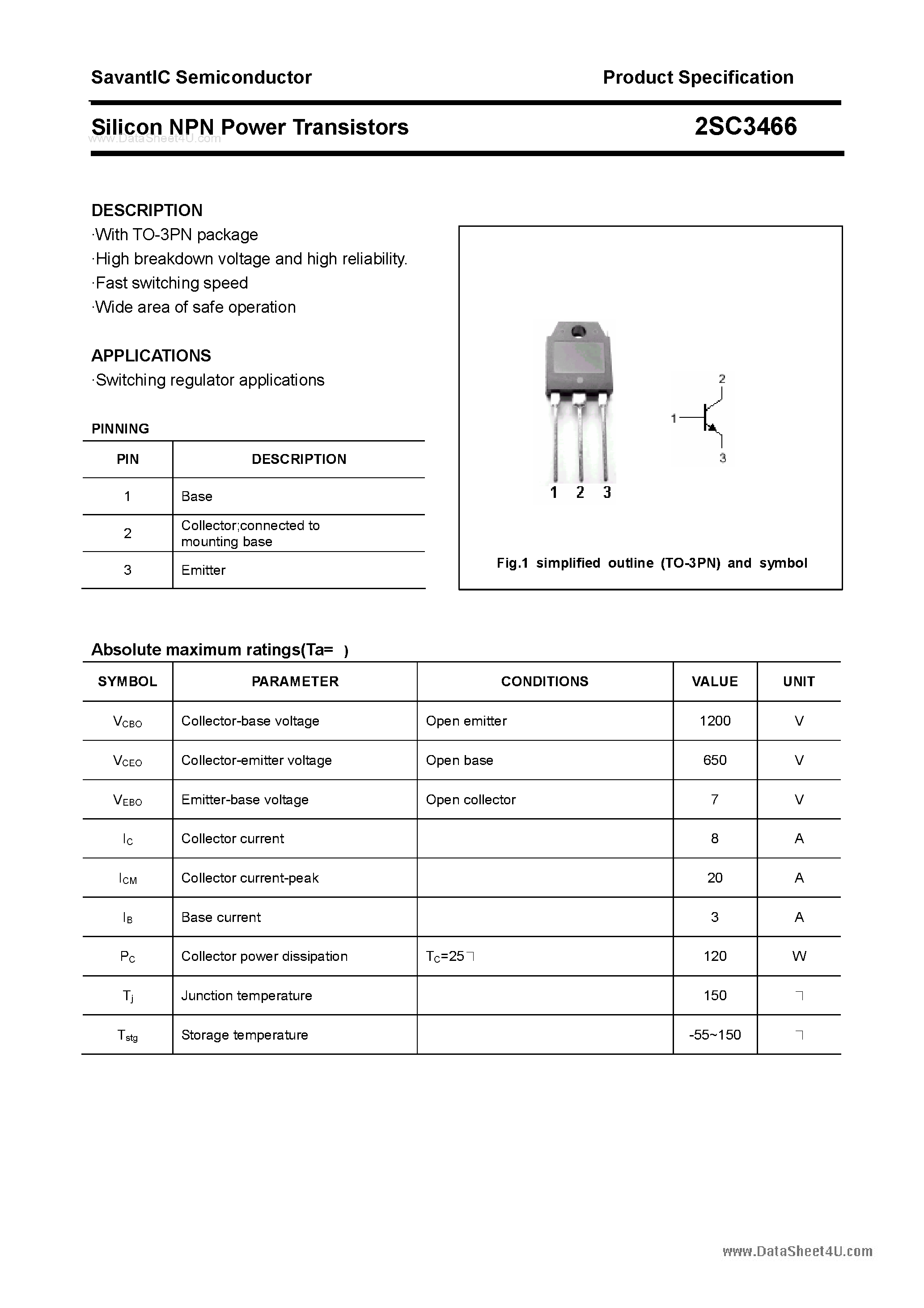Datasheet 2SC3466 - SILICON POWER TRANSISTOR page 1