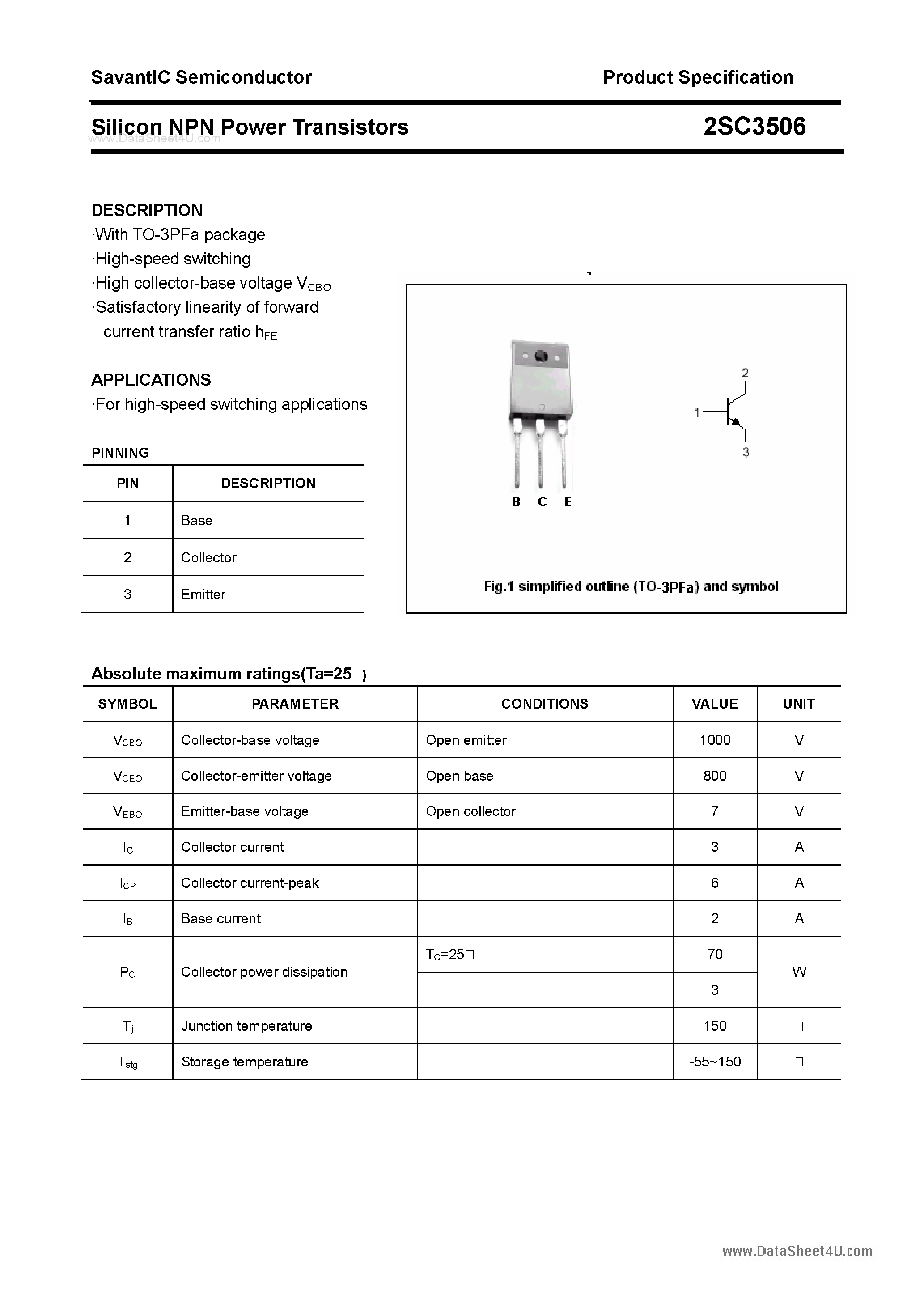 Datasheet 2SC3506 - SILICON POWER TRANSISTOR page 1