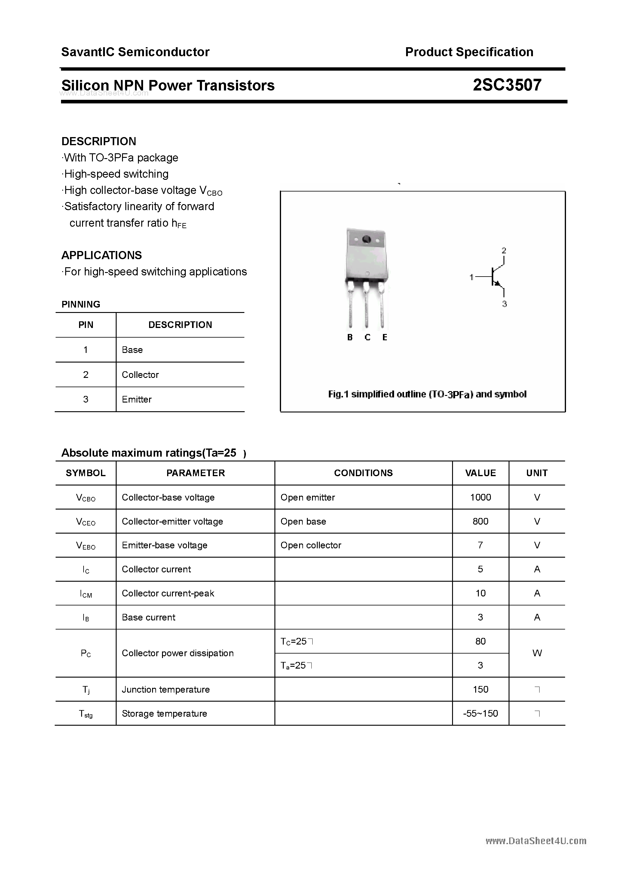 Datasheet 2SC3507 page 1 Datasheet 2SC3507 - SILICON POWER TRANSISTOR page 1