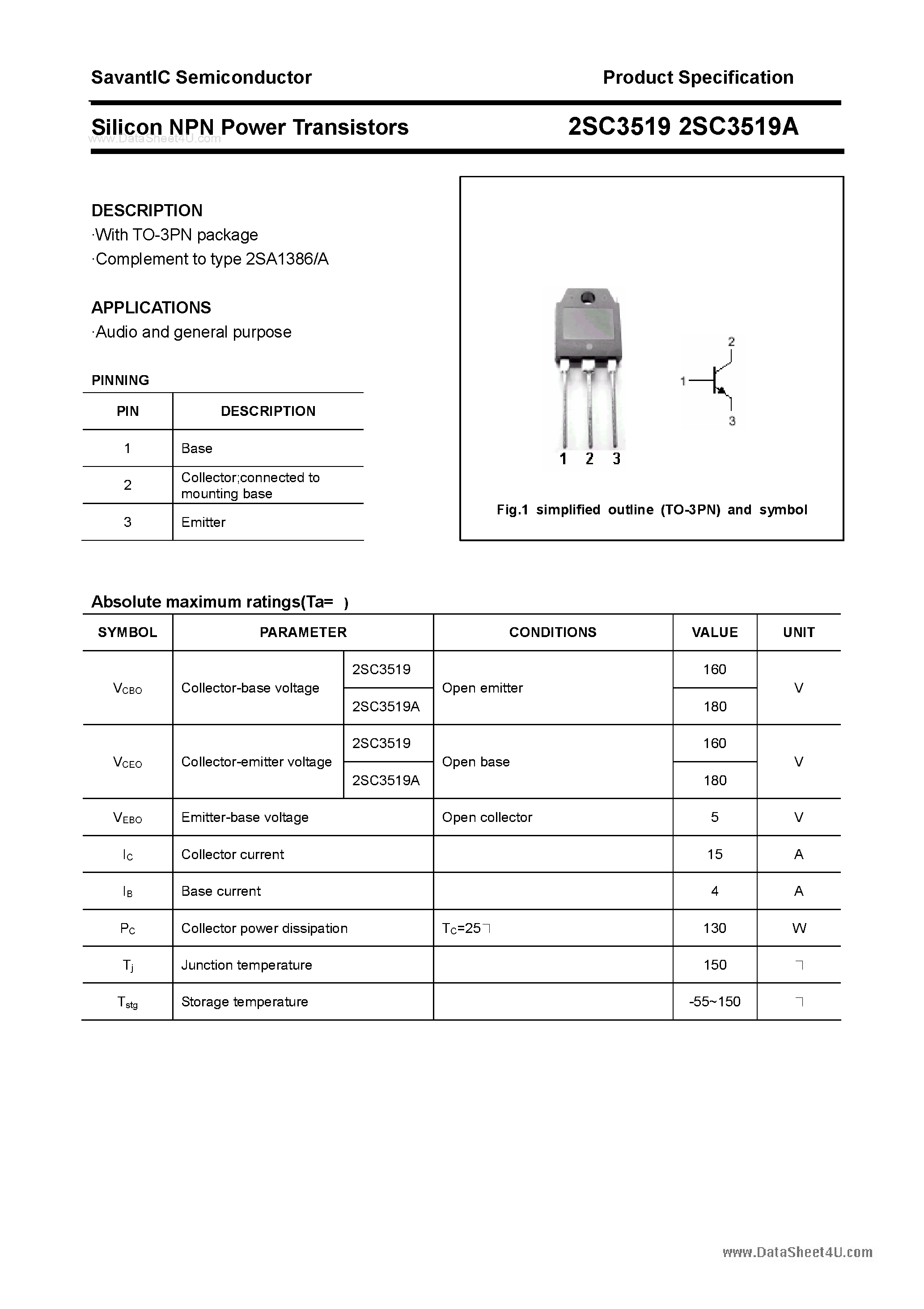 Datasheet 2SC3519 page 1 Datasheet 2SC3519 - SILICON POWER TRANSISTOR page 1