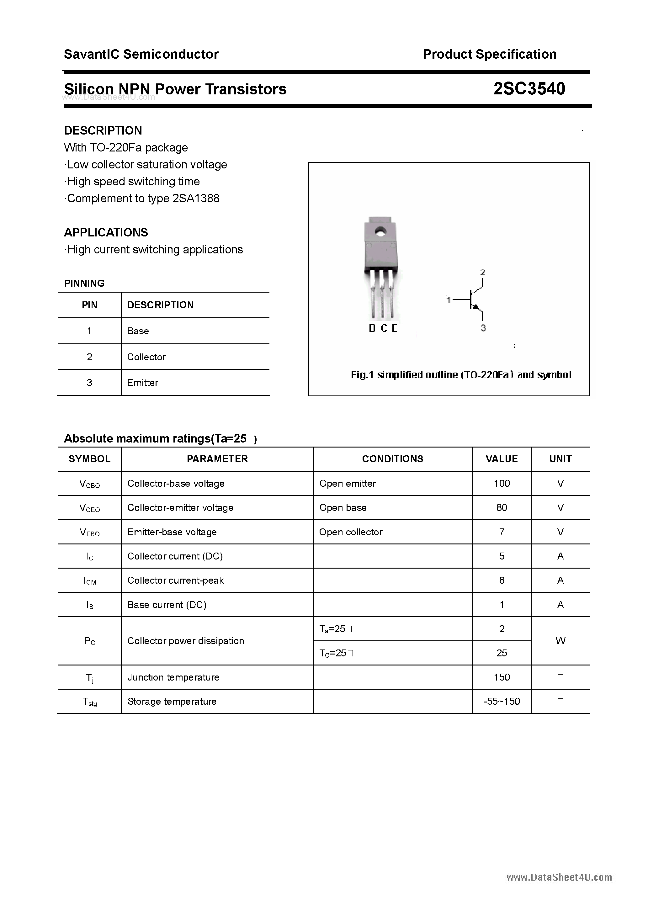 Datasheet 2SC3540 page 1 Datasheet 2SC3540 - SILICON POWER TRANSISTOR page 1