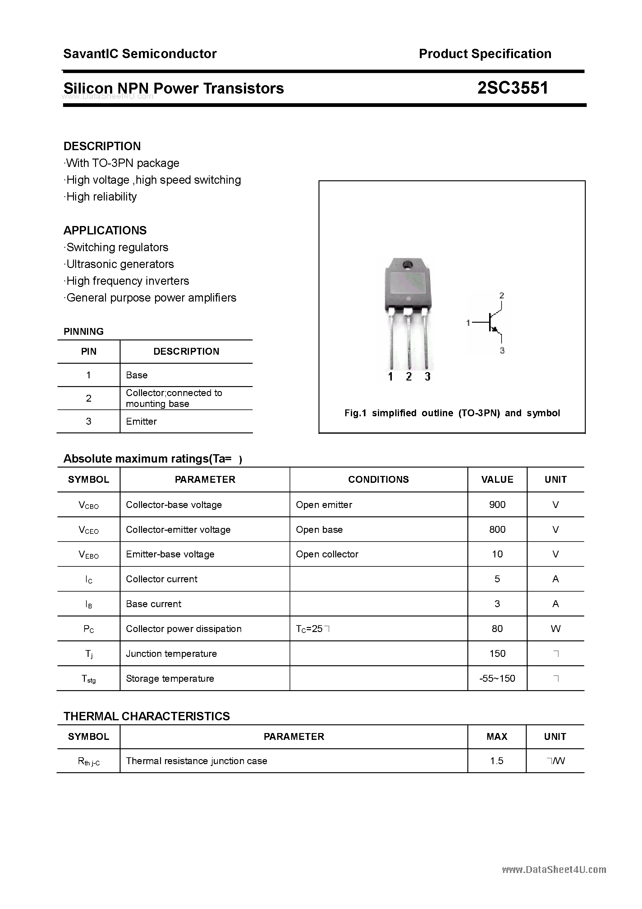 Datasheet 2SC3551 - SILICON POWER TRANSISTOR page 1