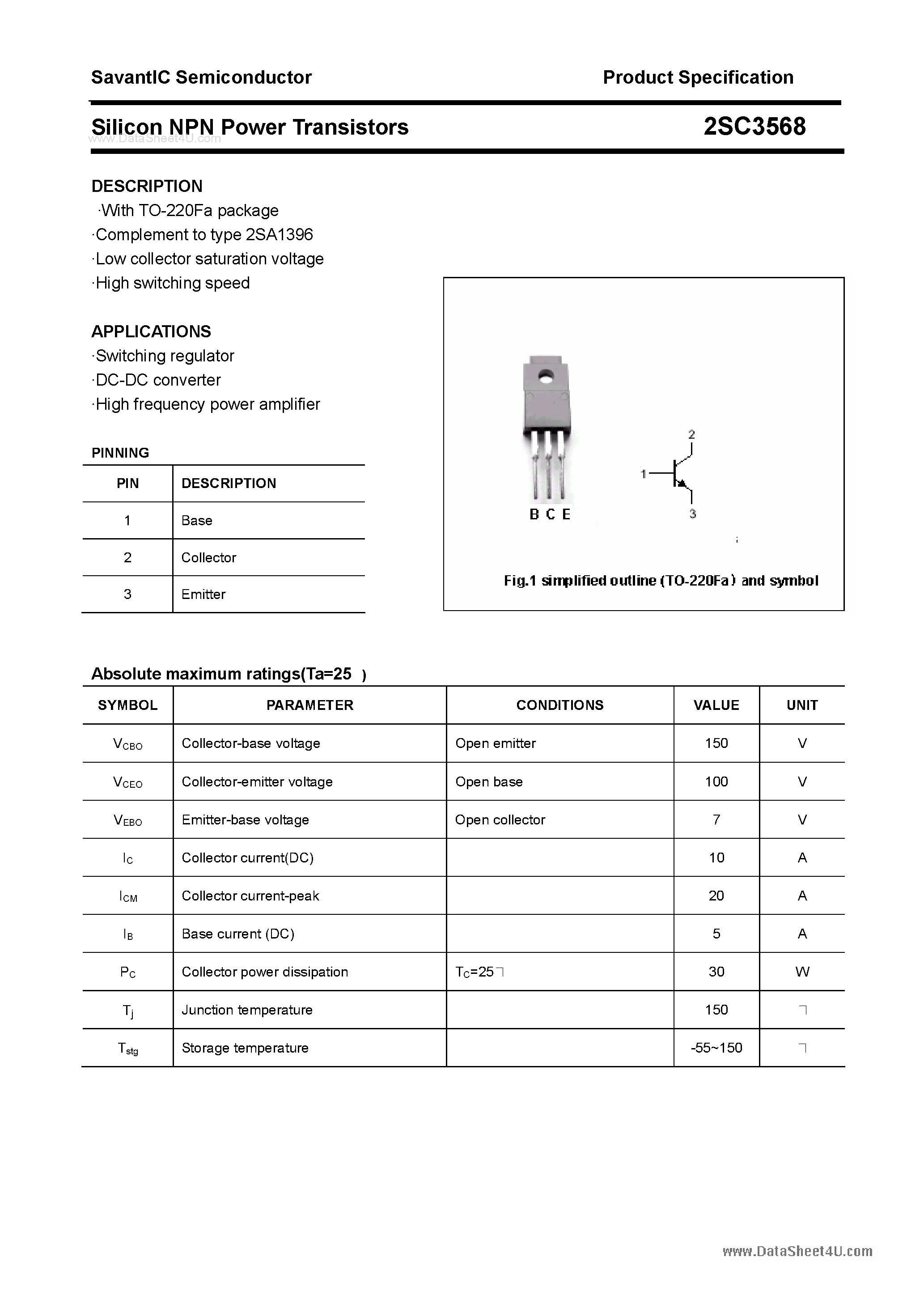 Datasheet 2SC3568 - SILICON POWER TRANSISTOR page 1